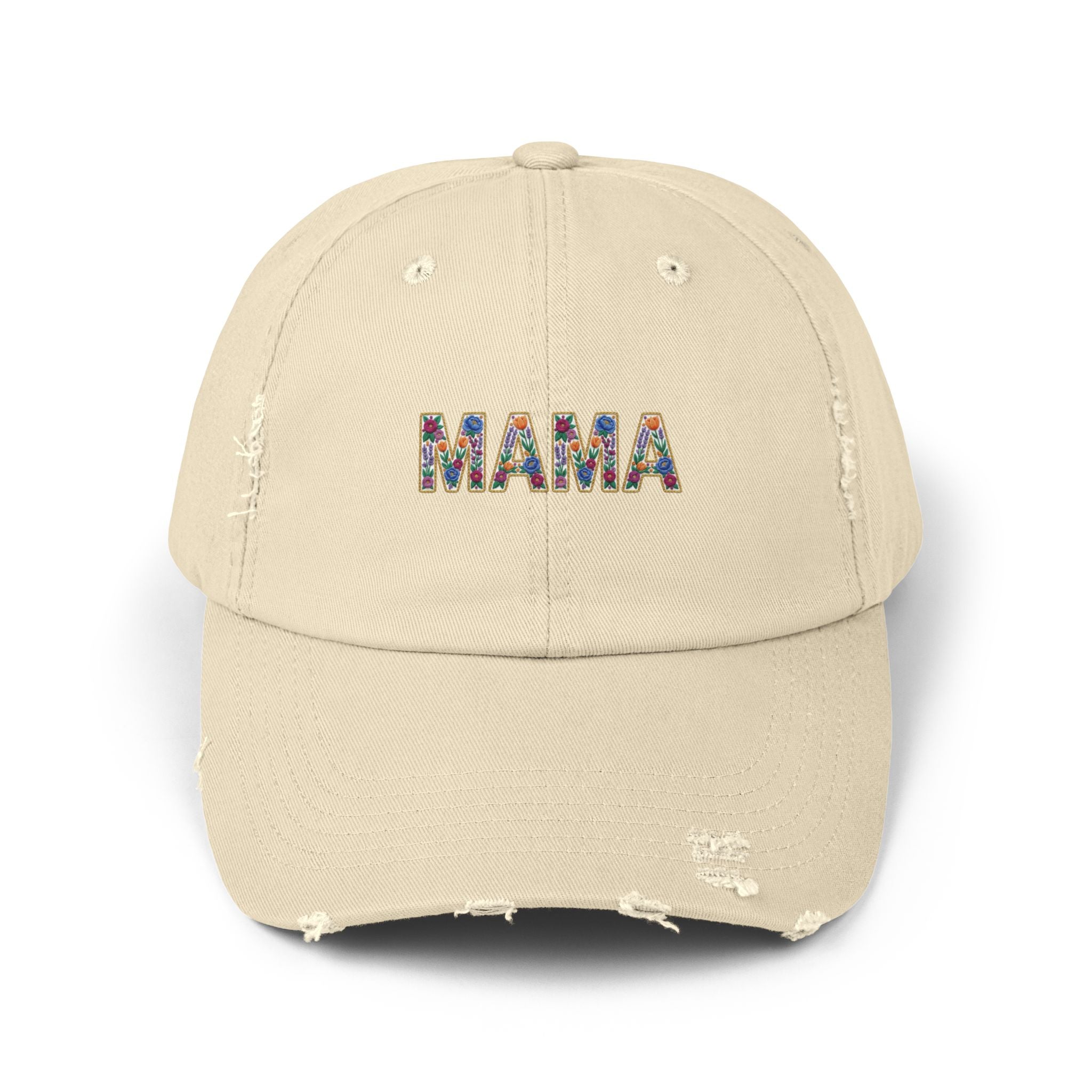 MAMA Distressed Baseball Cap — Floral Patch Mom Hat