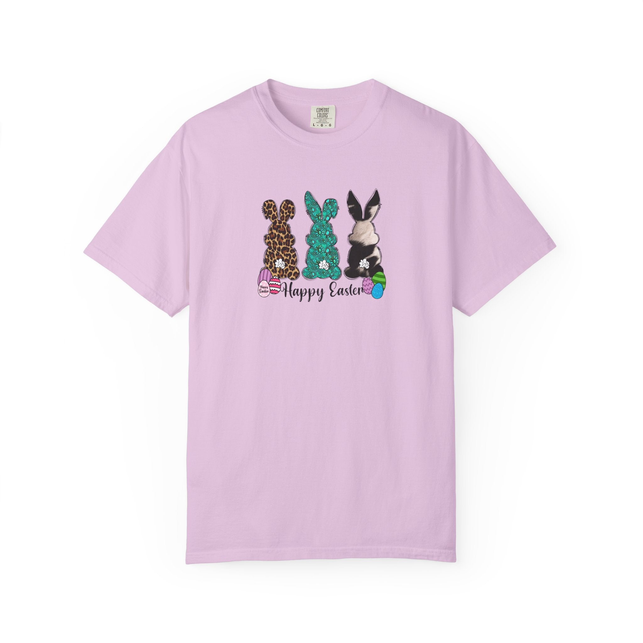 Easter Bunny Trio T-Shirt — "Happy Easter" Pastel Eggs Graphic