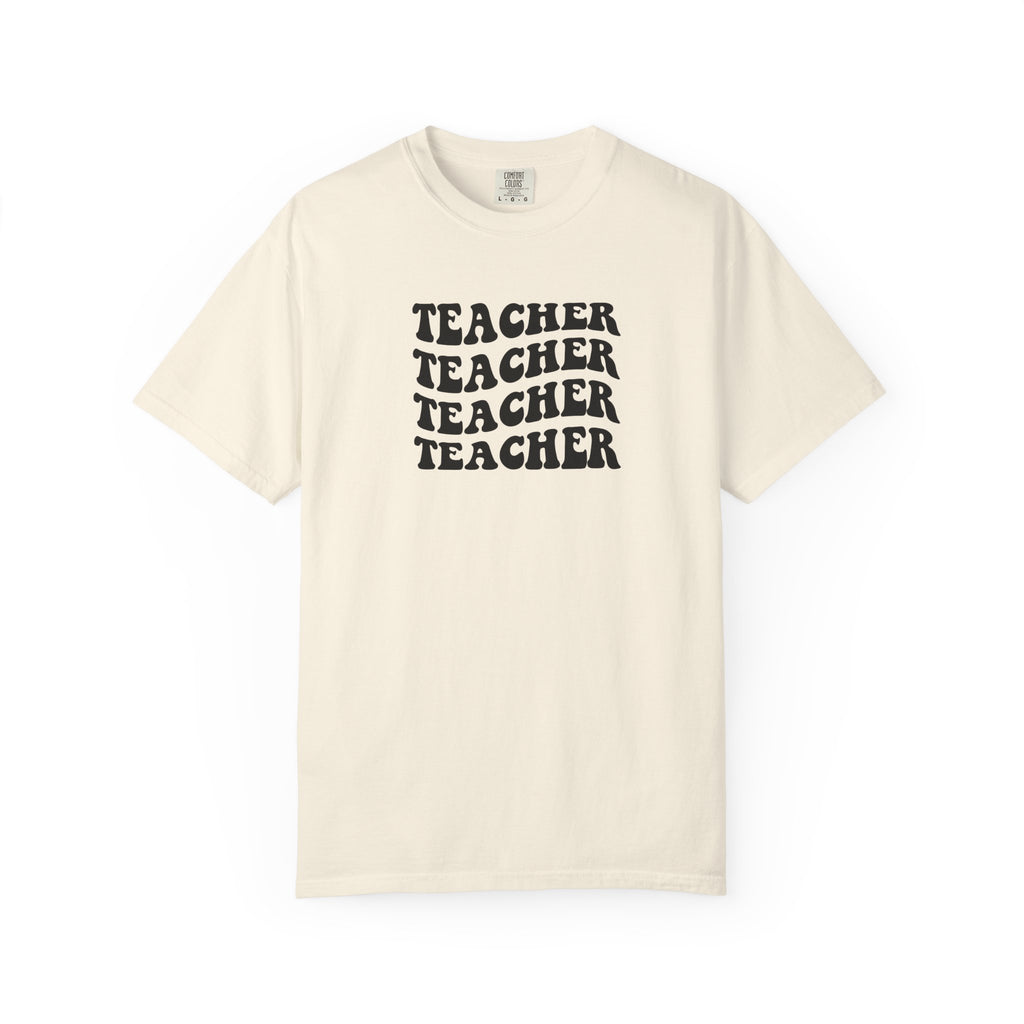 Teacher Repeat Graphic T-Shirt — Retro Stacked "Teacher" Tee