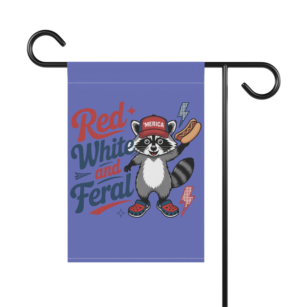 Red, White and Feral Garden Flag — Patriotic Raccoon House Banner
