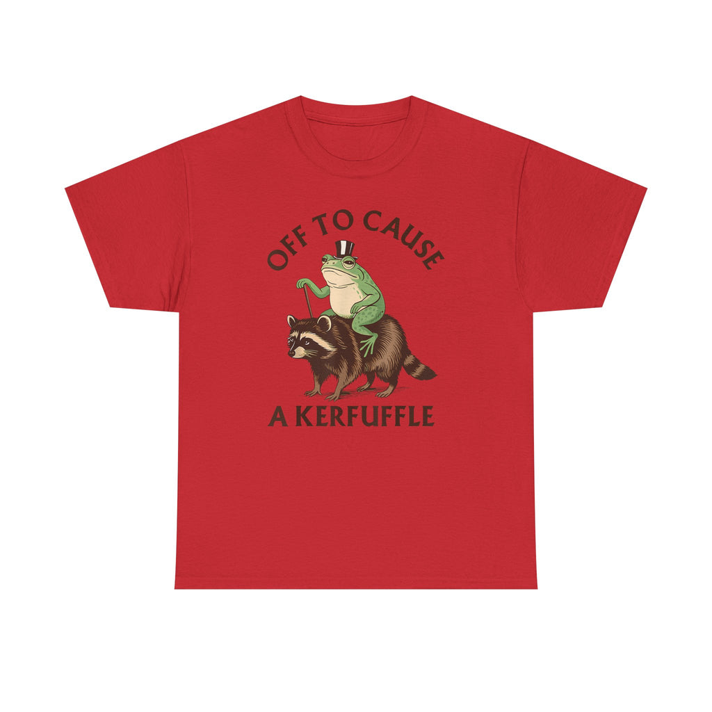 Off to Cause a Kerfuffle T-Shirt — Funny Frog Riding Raccoon Graphic Tee