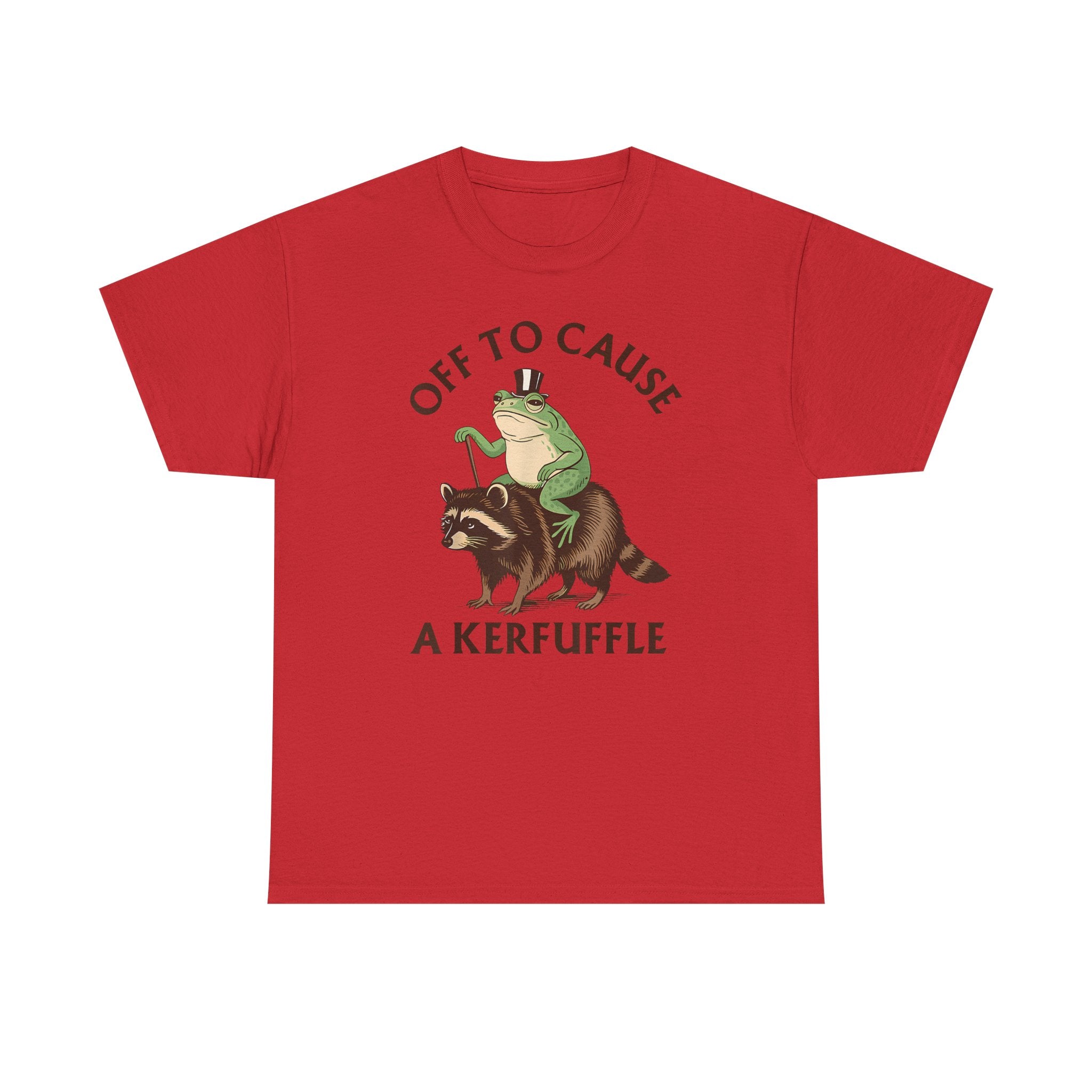 Off to Cause a Kerfuffle T-Shirt — Funny Frog Riding Raccoon Graphic Tee