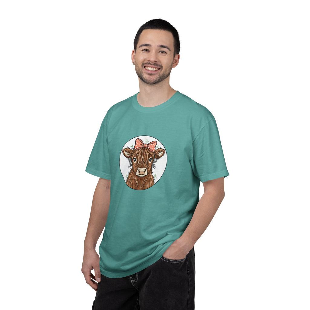 Highland Cow Tee — Cute Cow with Pink Bow Graphic T-Shirt