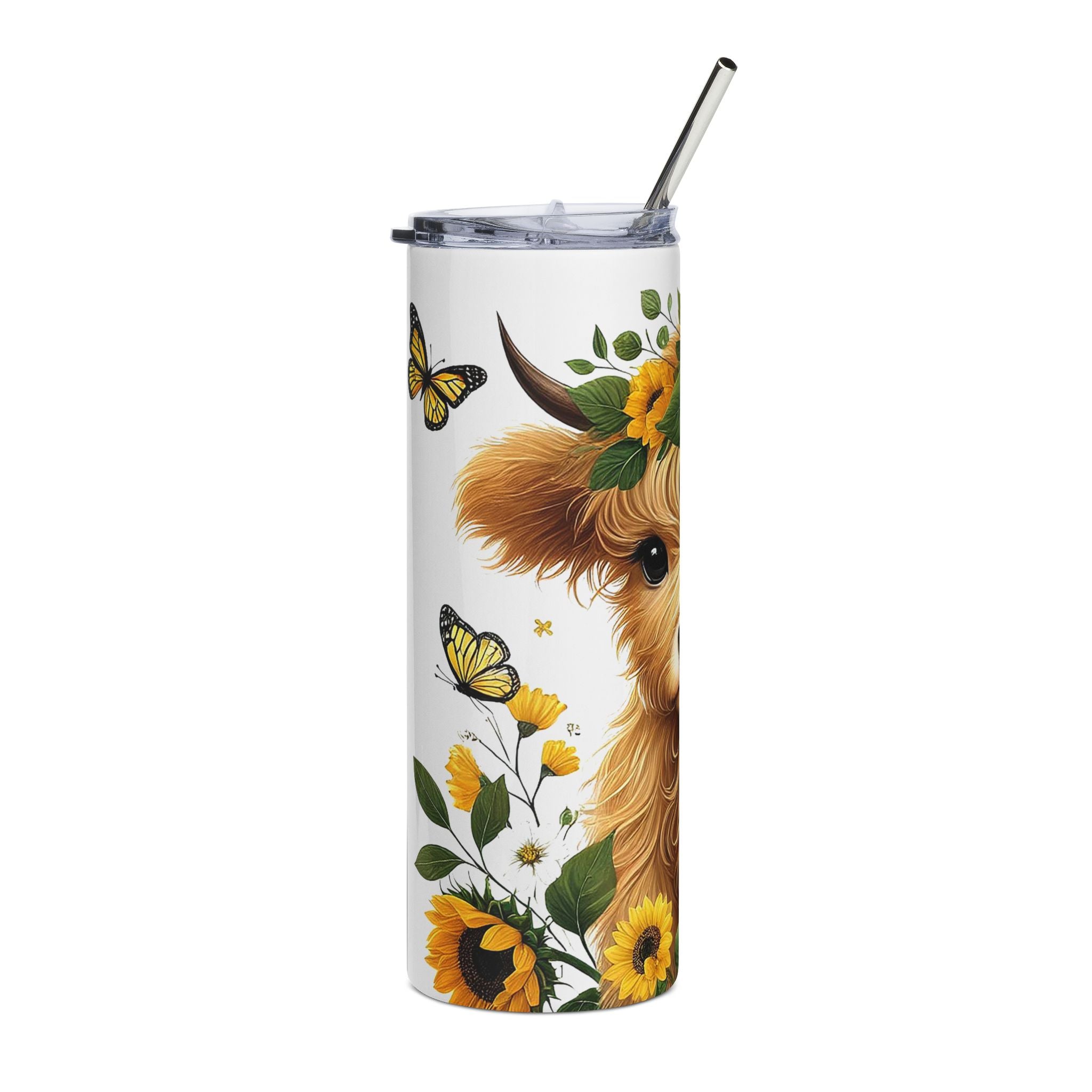 20oz Sunrise Cow Tumbler — Sunflower Highland Cow Stainless Steel Travel Cup