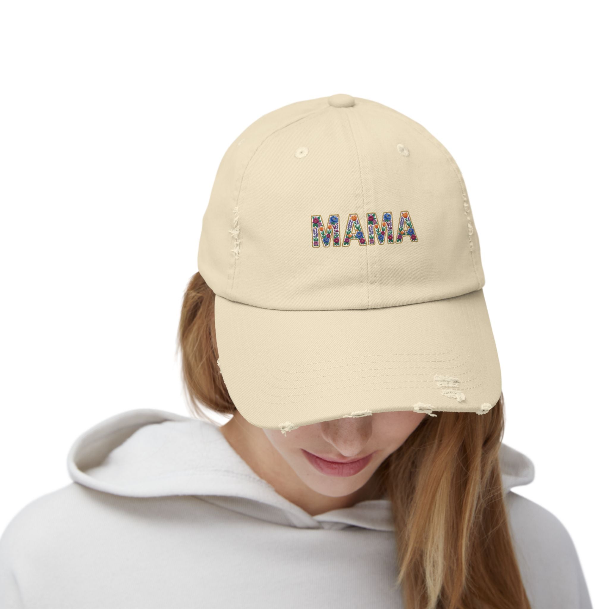 MAMA Distressed Baseball Cap — Floral Patch Mom Hat