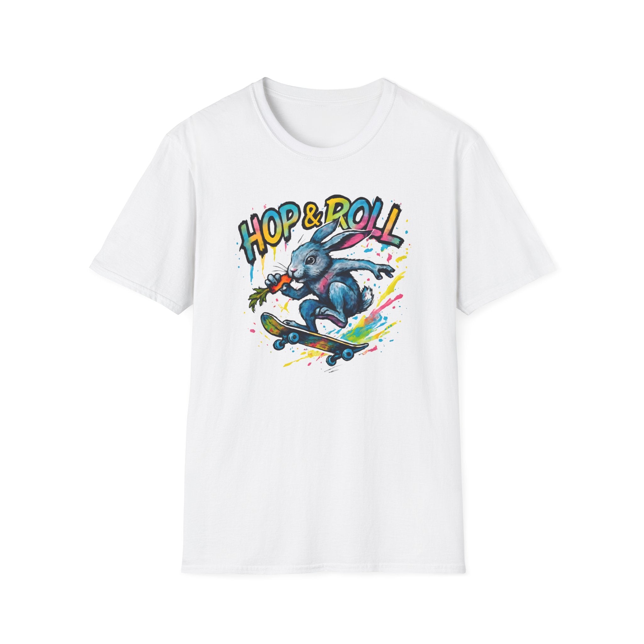 Hop & Roll Skateboard Bunny T-Shirt — Skateboarder Easter Graphic Tee