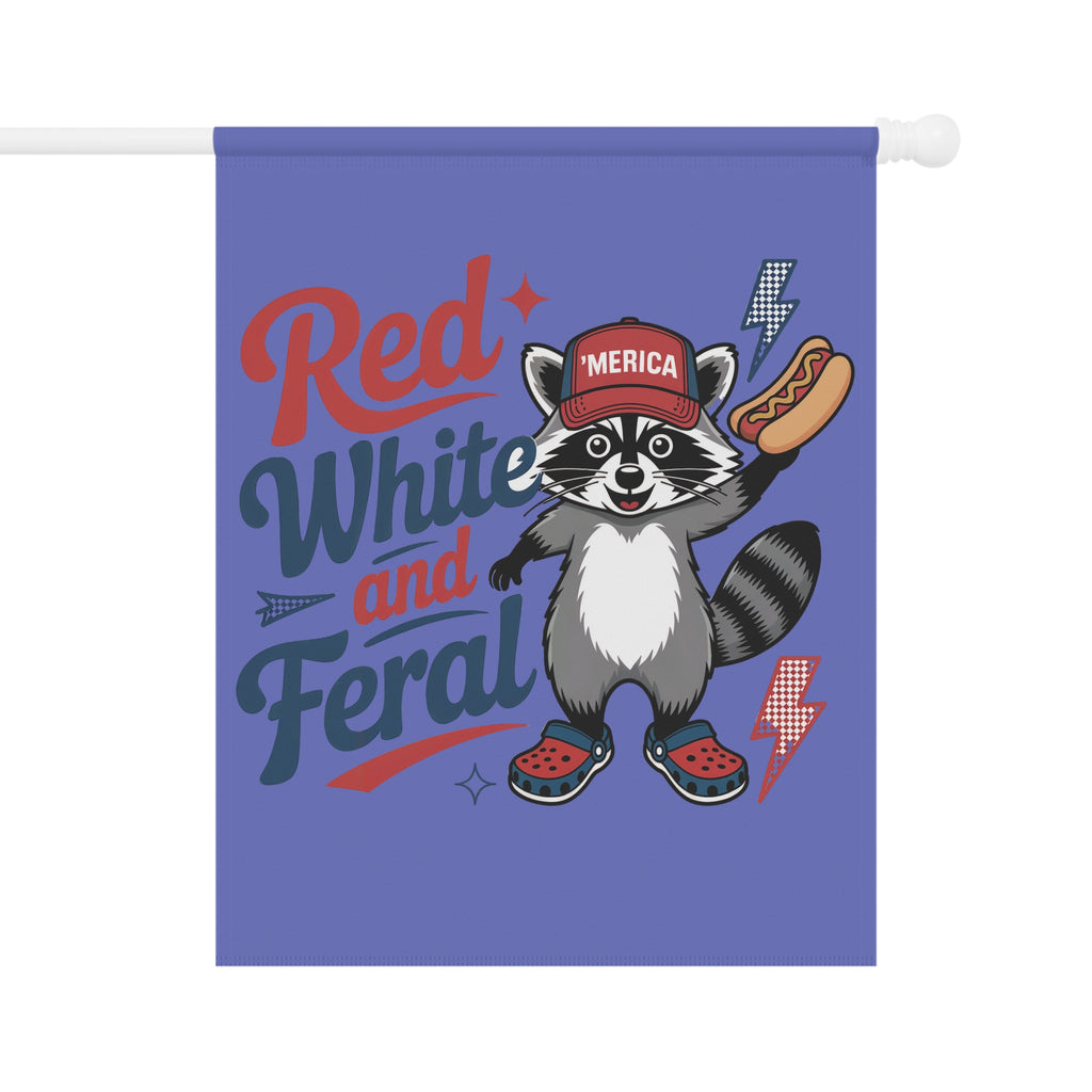 Red, White and Feral Garden Flag — Patriotic Raccoon House Banner