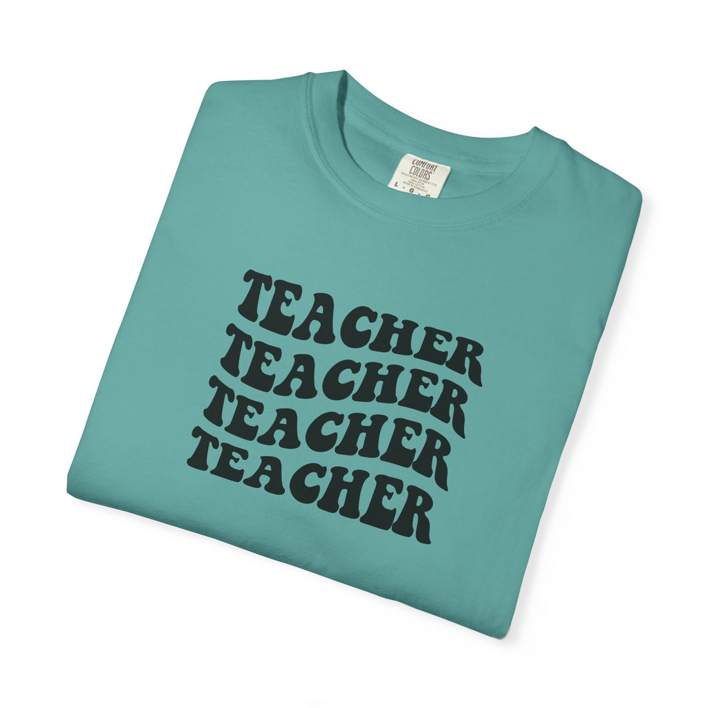 Teacher Repeat Graphic T-Shirt — Retro Stacked "Teacher" Tee