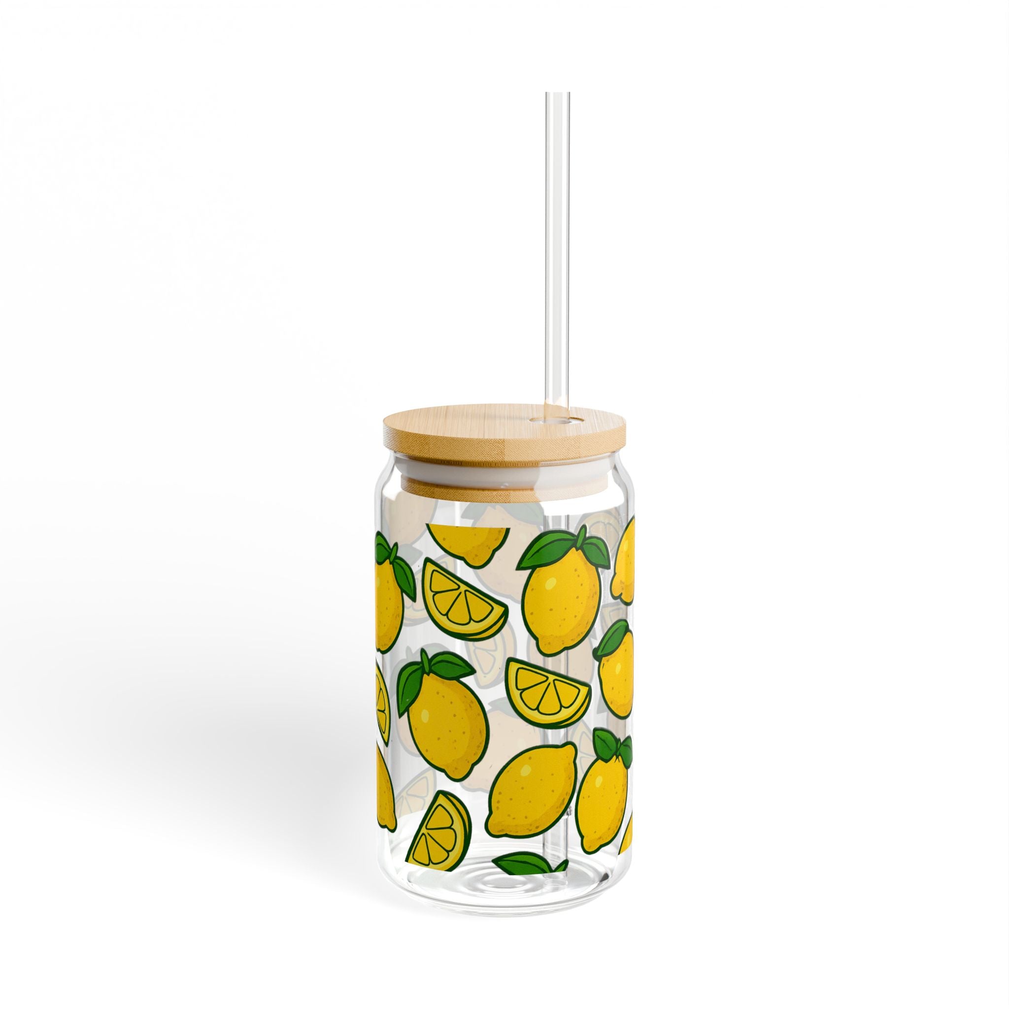 Lemon Pattern Sipper Glass — 16oz Decorative Straw Tumbler