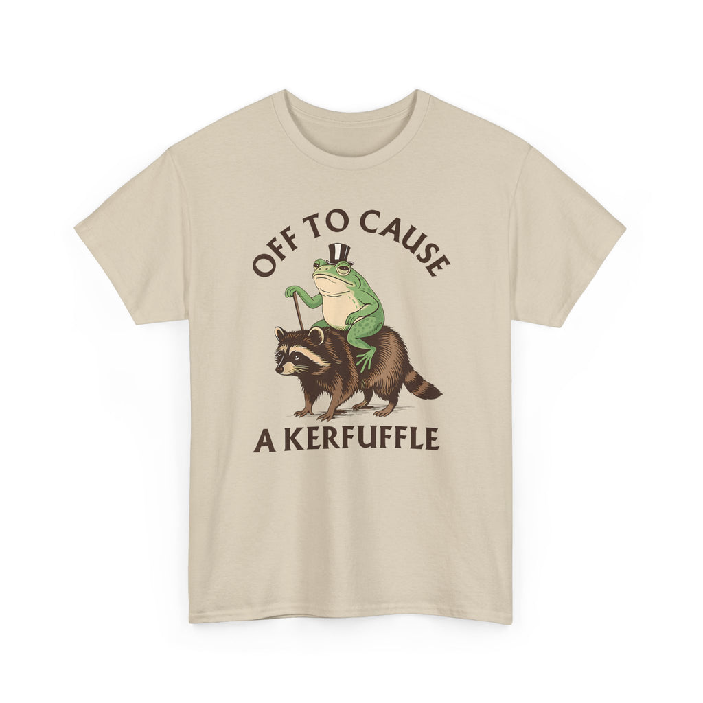 Off to Cause a Kerfuffle T-Shirt — Funny Frog Riding Raccoon Graphic Tee