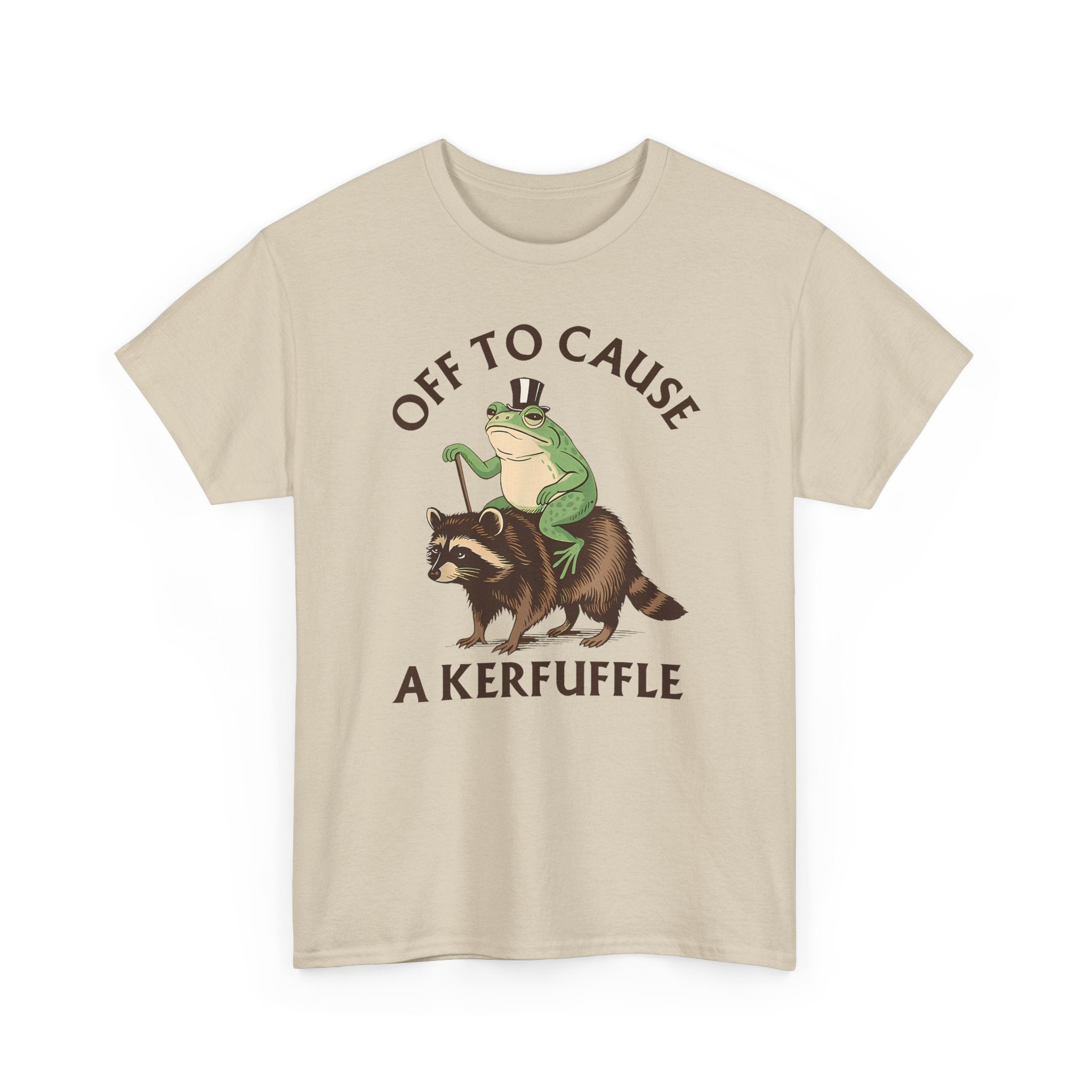 Off to Cause a Kerfuffle T-Shirt — Funny Frog Riding Raccoon Graphic Tee