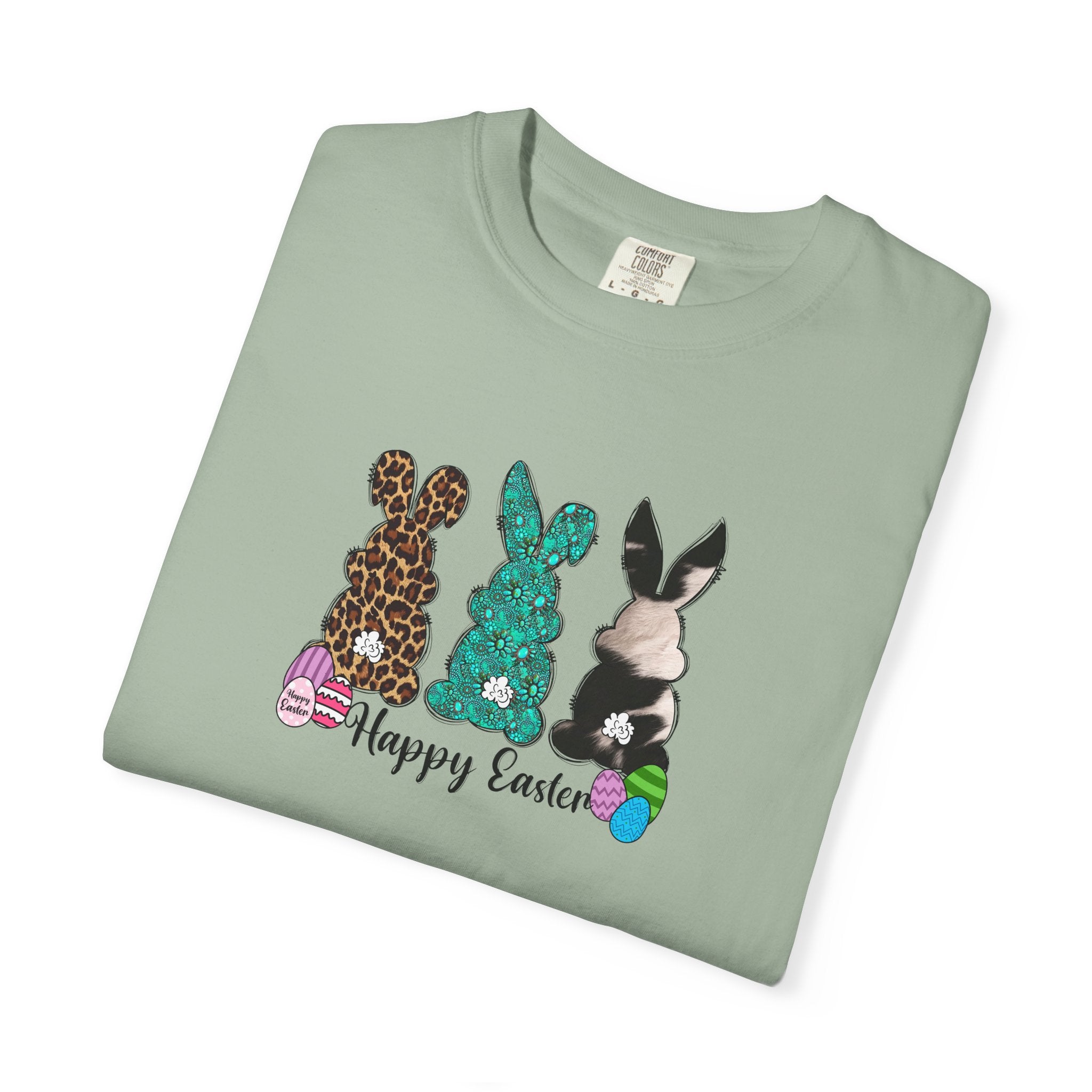 Easter Bunny Trio T-Shirt — "Happy Easter" Pastel Eggs Graphic