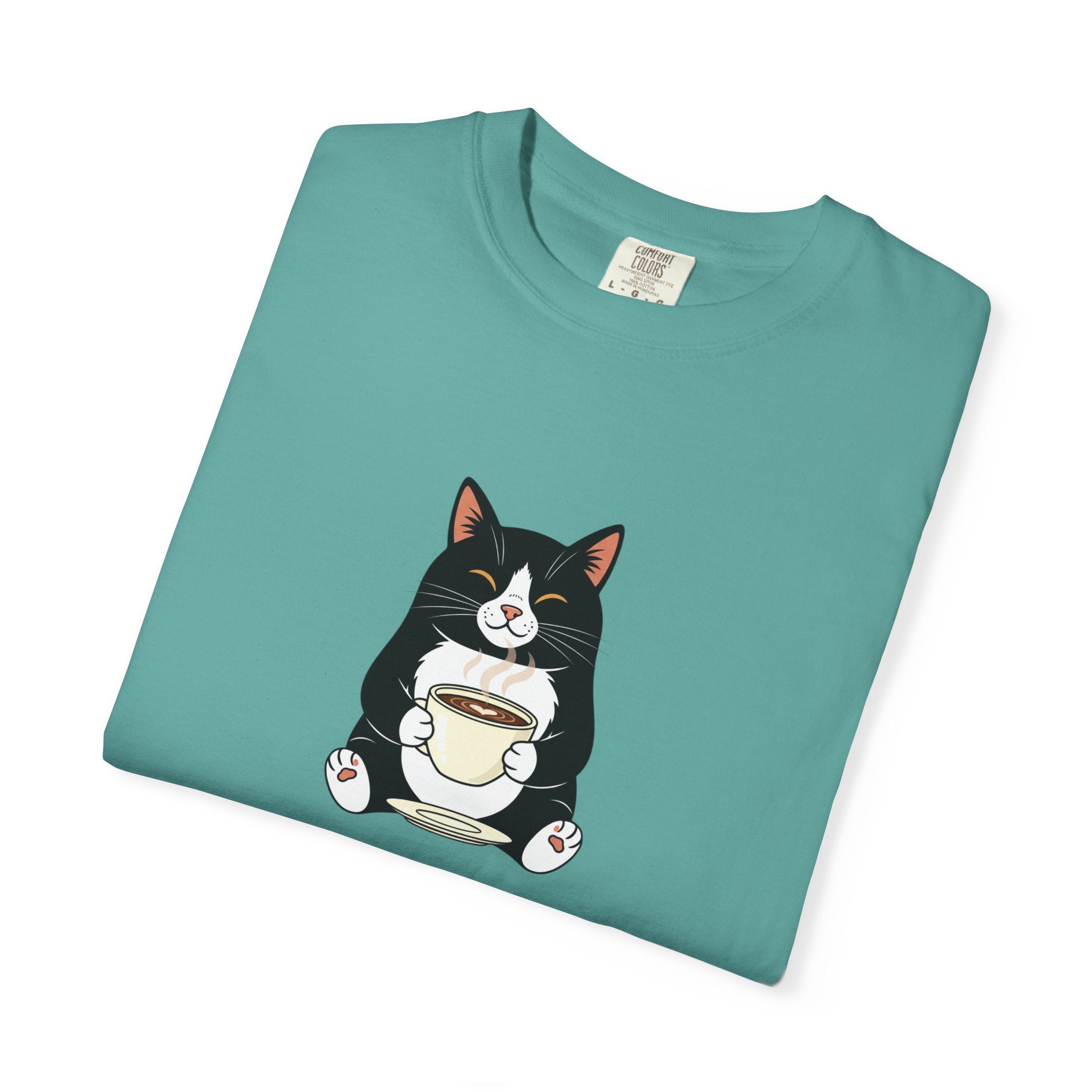 Tuxedo Cat Holding Coffee T-Shirt