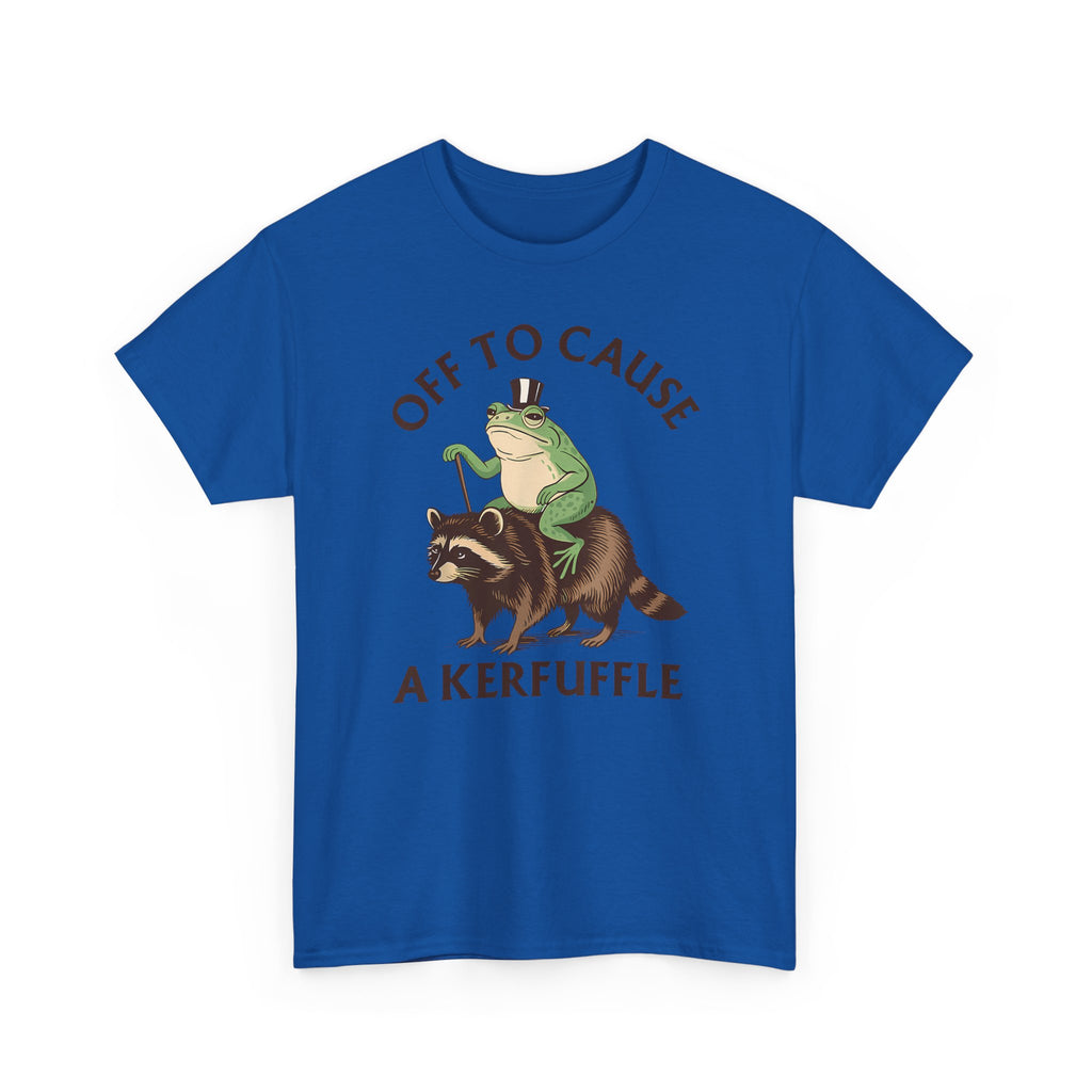 Off to Cause a Kerfuffle T-Shirt — Funny Frog Riding Raccoon Graphic Tee