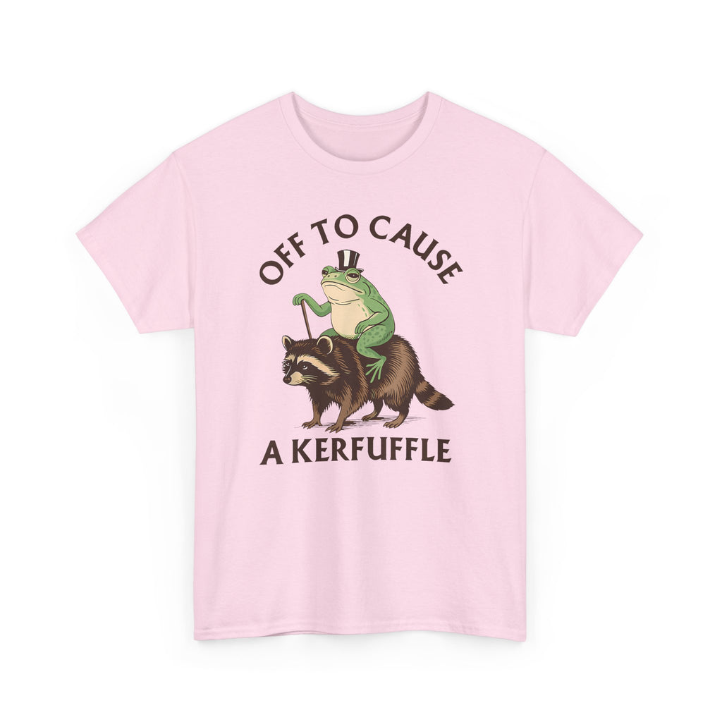 Off to Cause a Kerfuffle T-Shirt — Funny Frog Riding Raccoon Graphic Tee