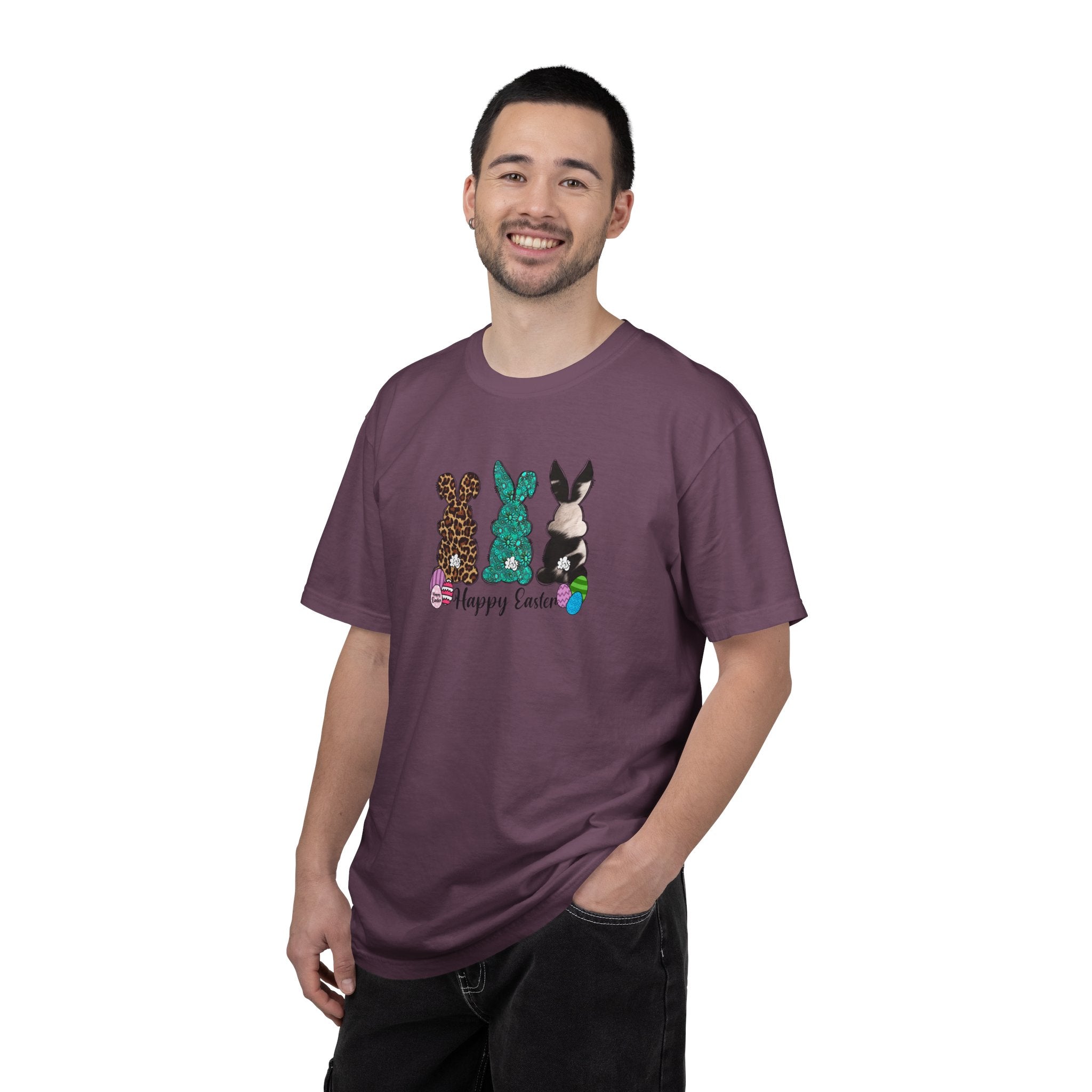 Easter Bunny Trio T-Shirt — "Happy Easter" Pastel Eggs Graphic