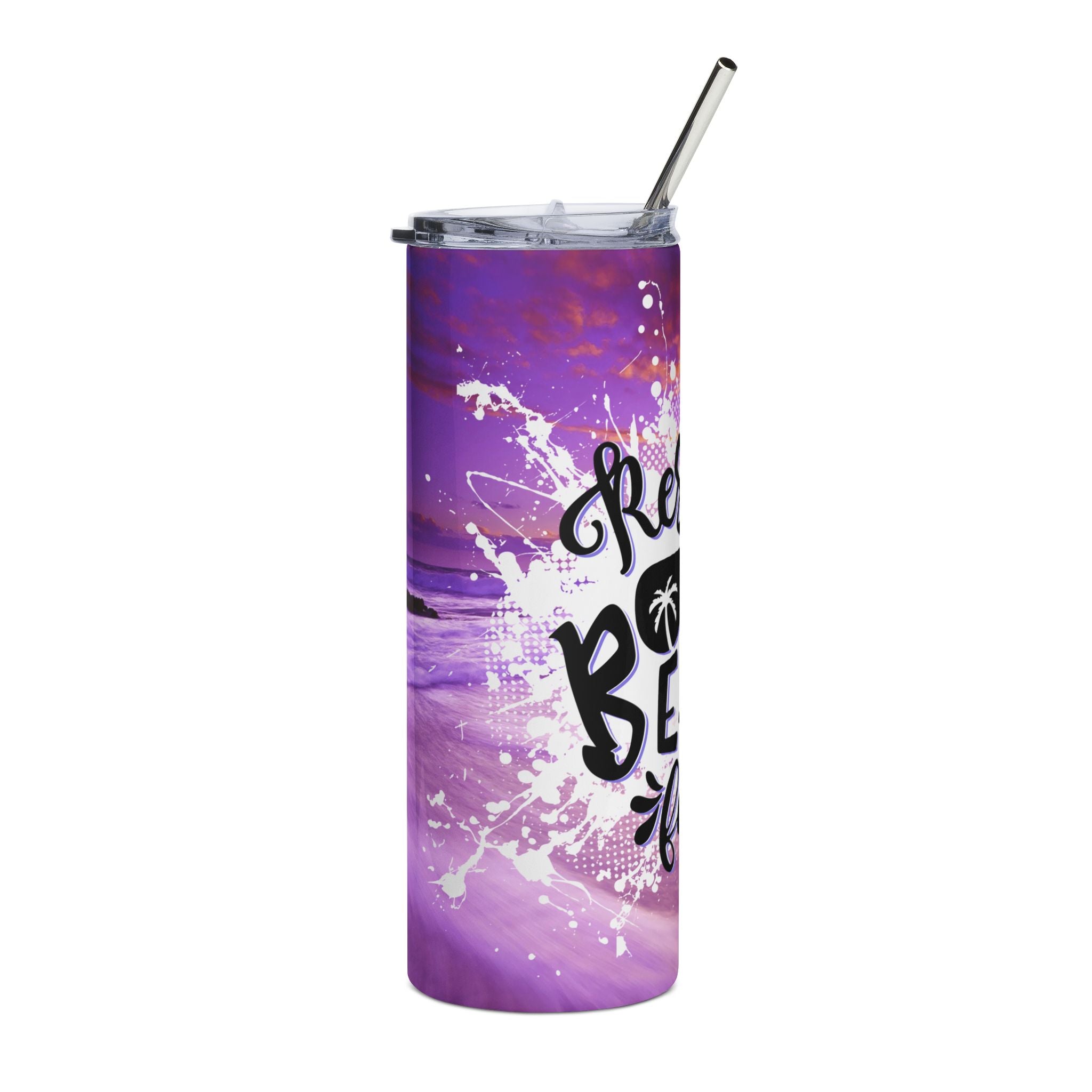20oz Stainless Tumbler — 'Resting Beach Face' Purple Sunset Design