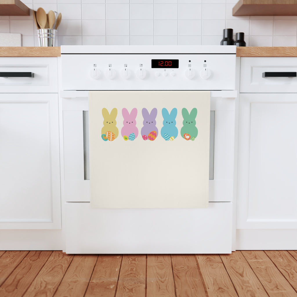 Easter Bunny Row Cotton Tea Towel – Pastel Peep Bunnies with Easter Eggs