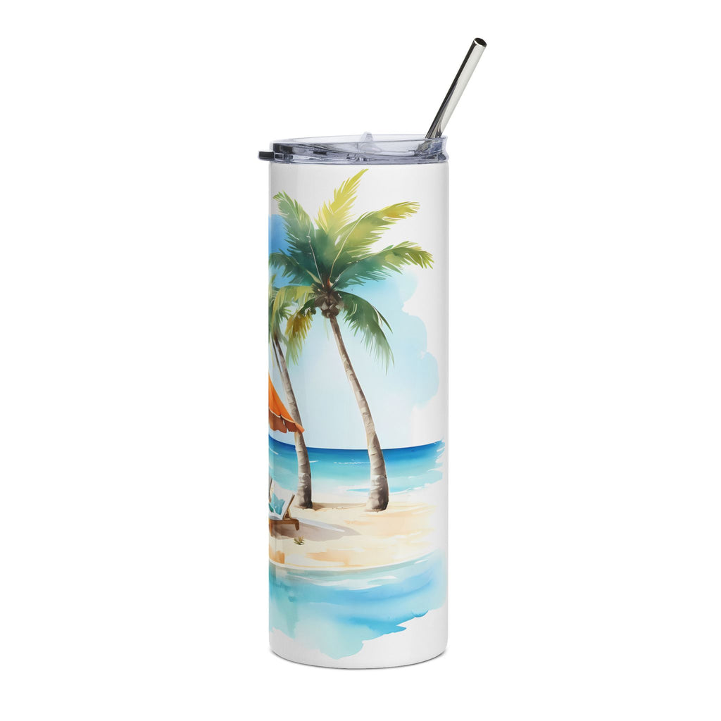 Beach Scene 20oz Stainless Steel Tumbler — Palm Trees & Umbrella Travel Mug