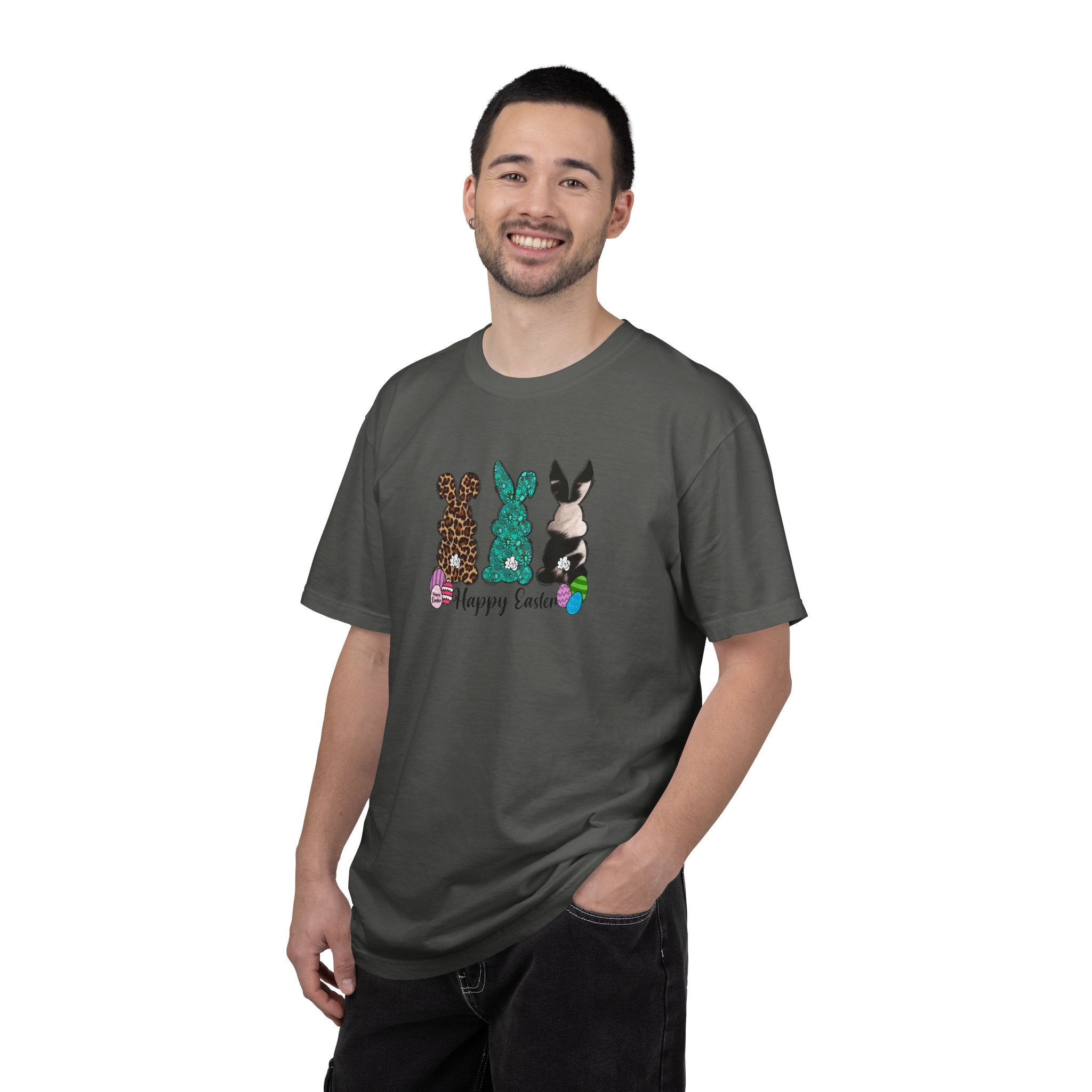 Easter Bunny Trio T-Shirt — "Happy Easter" Pastel Eggs Graphic