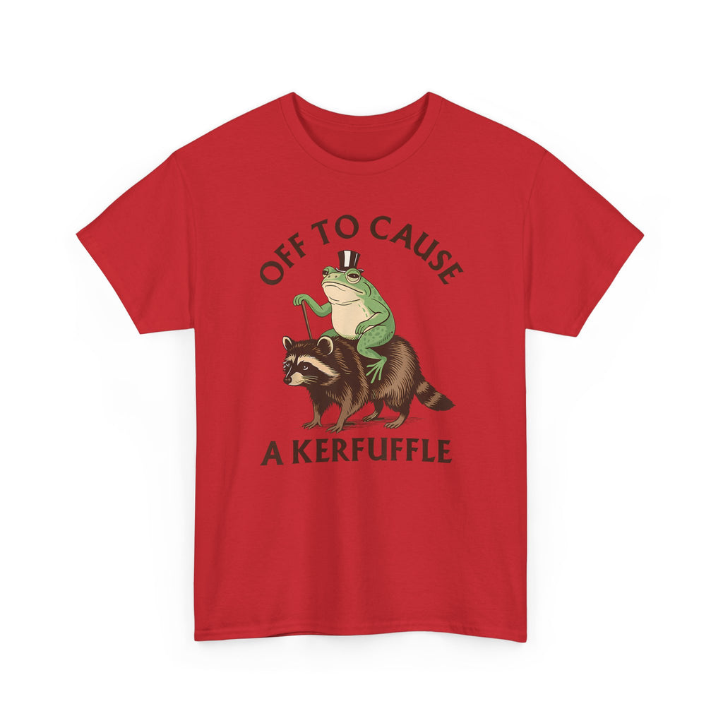 Off to Cause a Kerfuffle T-Shirt — Funny Frog Riding Raccoon Graphic Tee