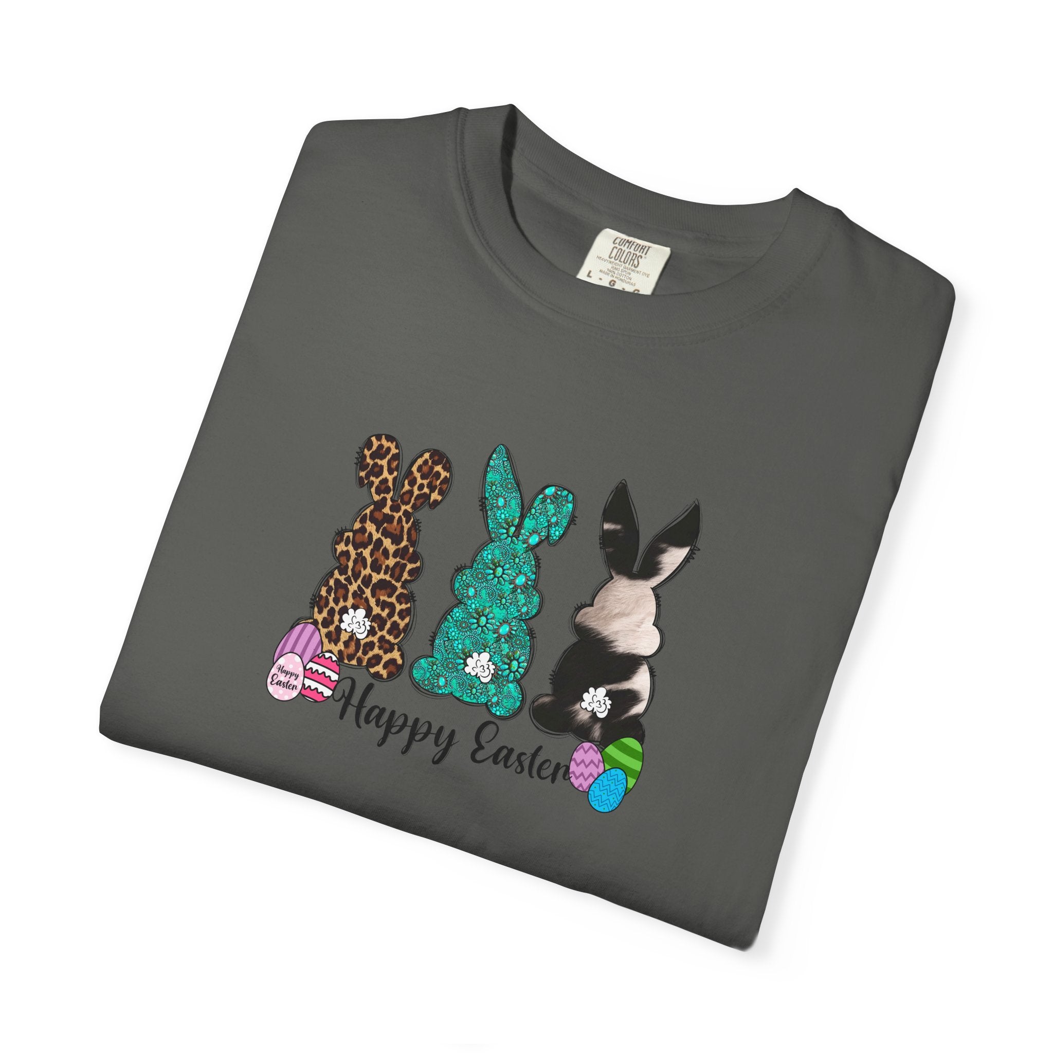 Easter Bunny Trio T-Shirt — "Happy Easter" Pastel Eggs Graphic