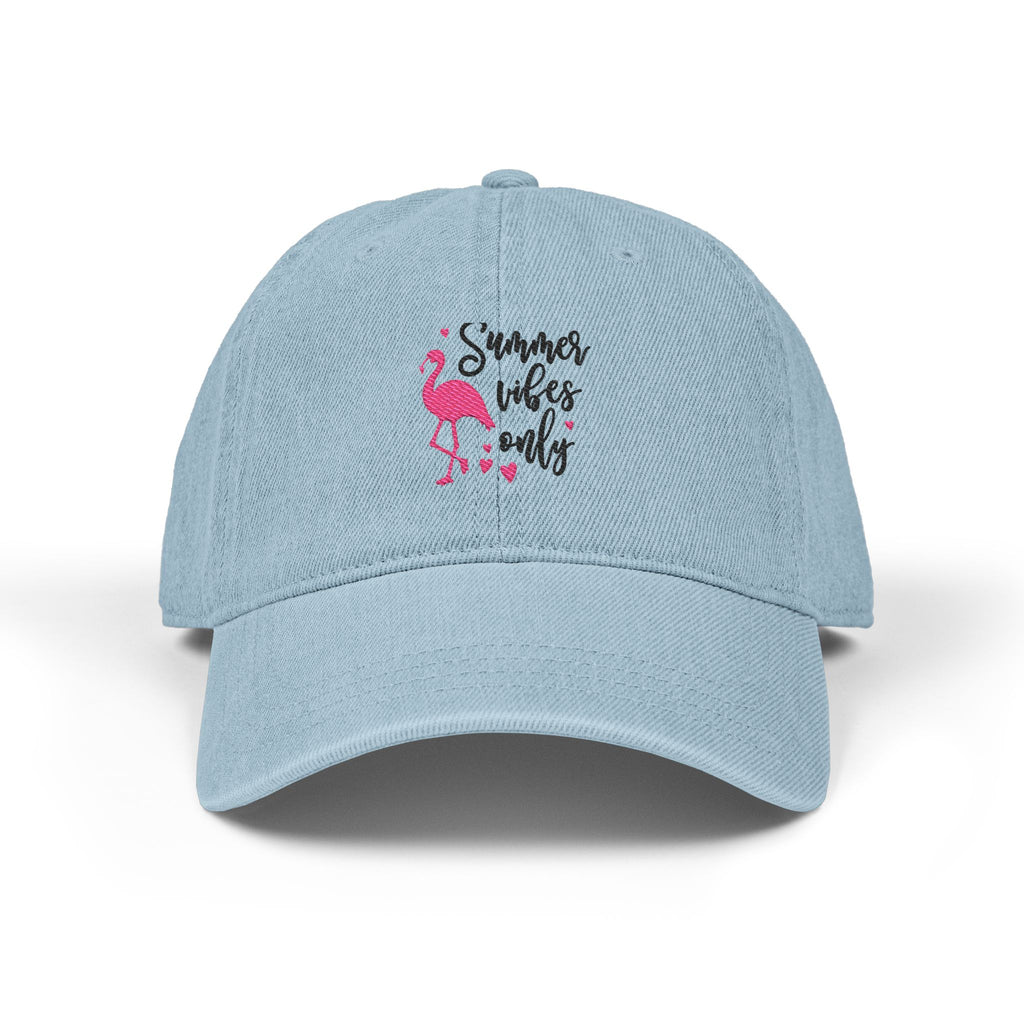 Embroidered Denim Hat "Summer Vibes Only" - Pink Flamingo Cap