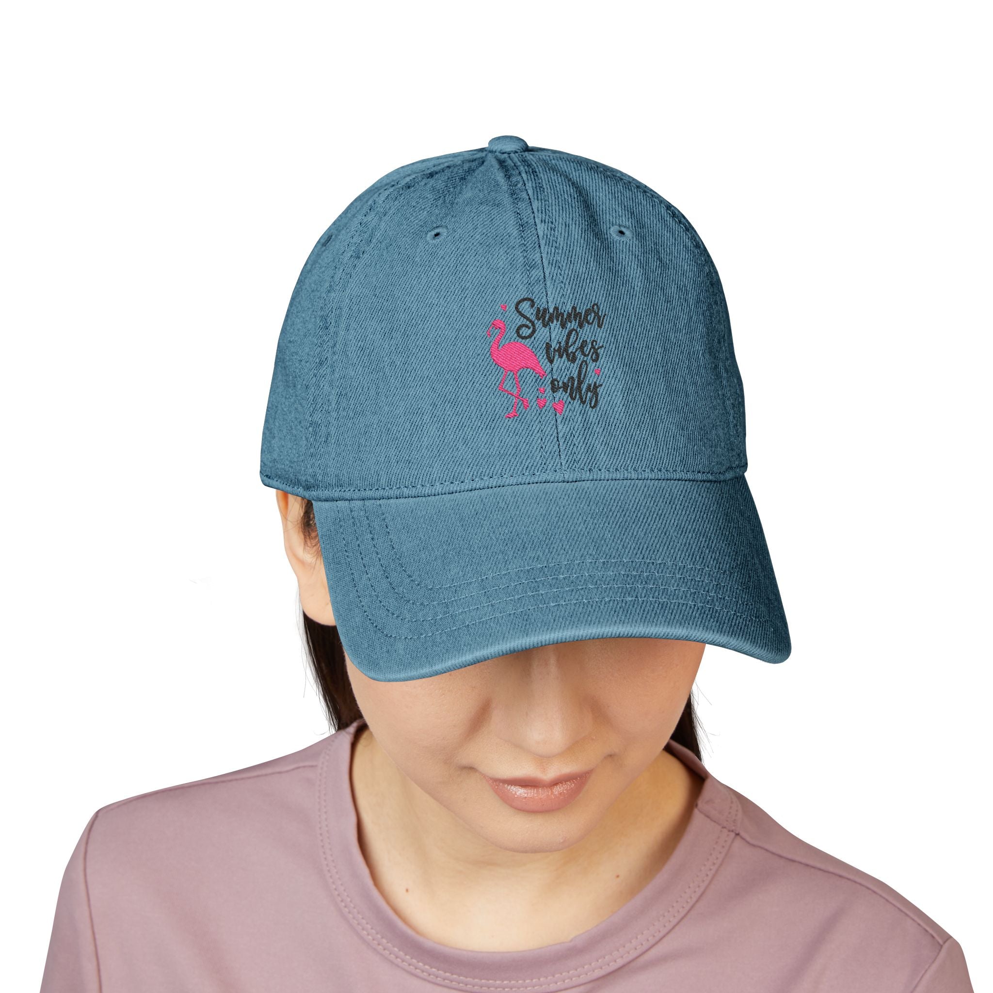Embroidered Denim Hat "Summer Vibes Only" - Pink Flamingo Cap
