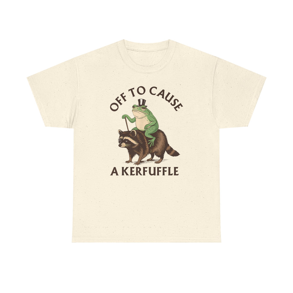 Off to Cause a Kerfuffle T-Shirt — Funny Frog Riding Raccoon Graphic Tee