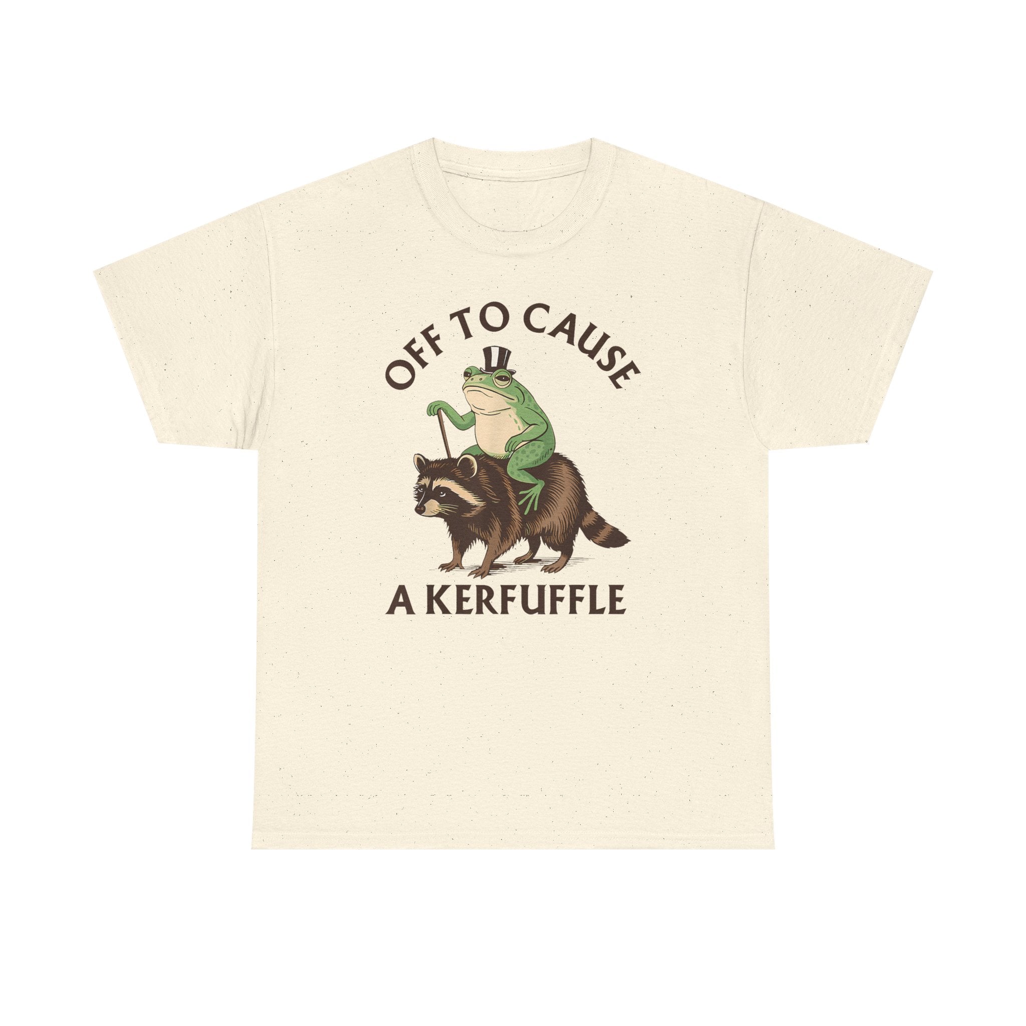 Off to Cause a Kerfuffle T-Shirt — Funny Frog Riding Raccoon Graphic Tee