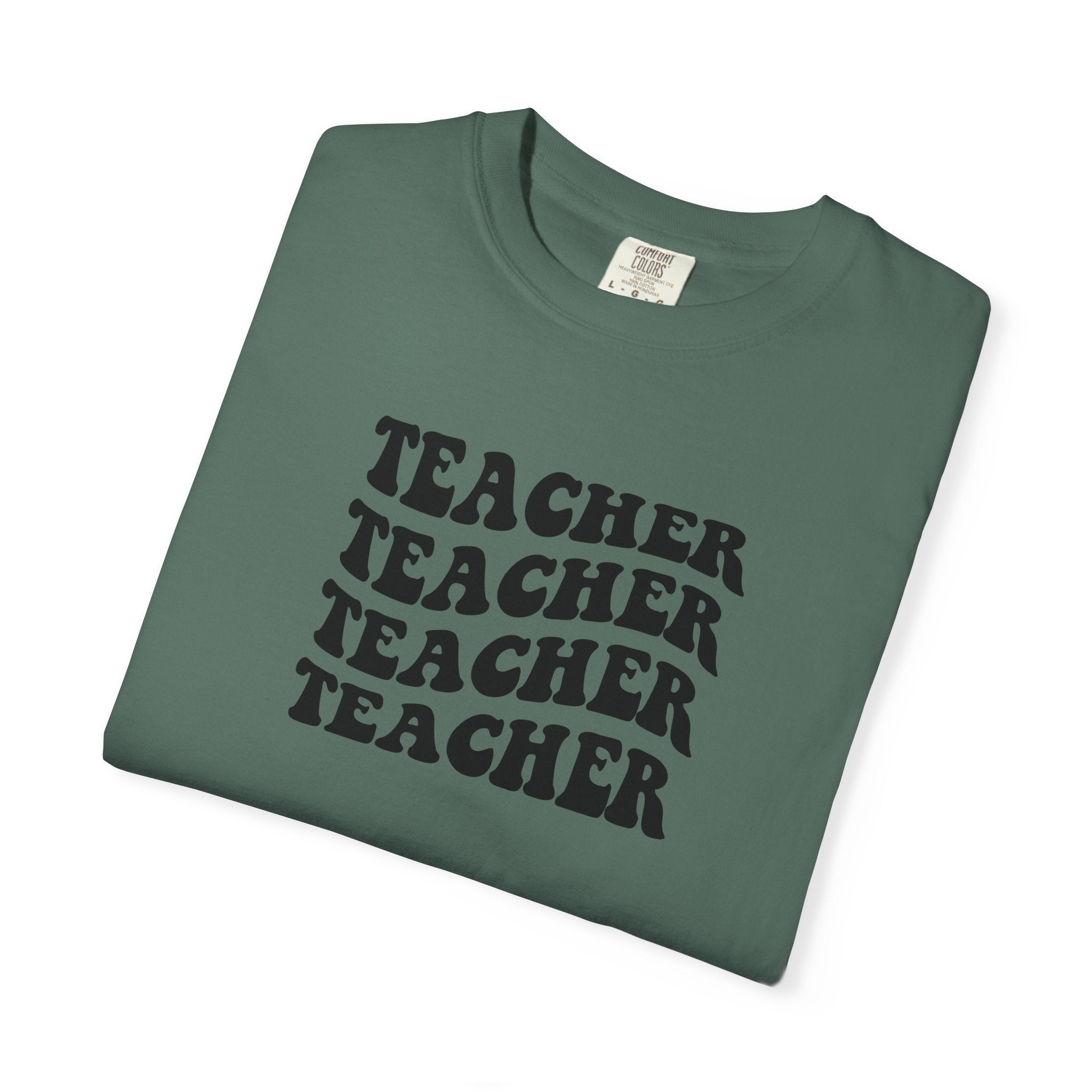 Teacher Repeat Graphic T-Shirt — Retro Stacked "Teacher" Tee