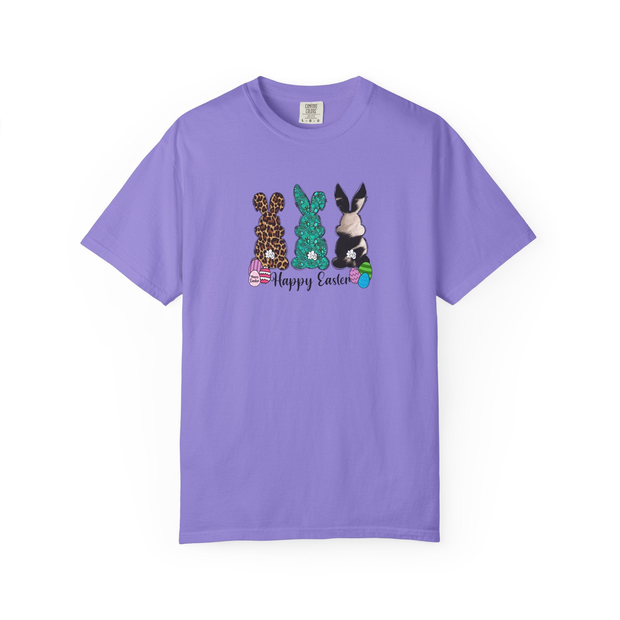 Easter Bunny Trio T-Shirt — "Happy Easter" Pastel Eggs Graphic