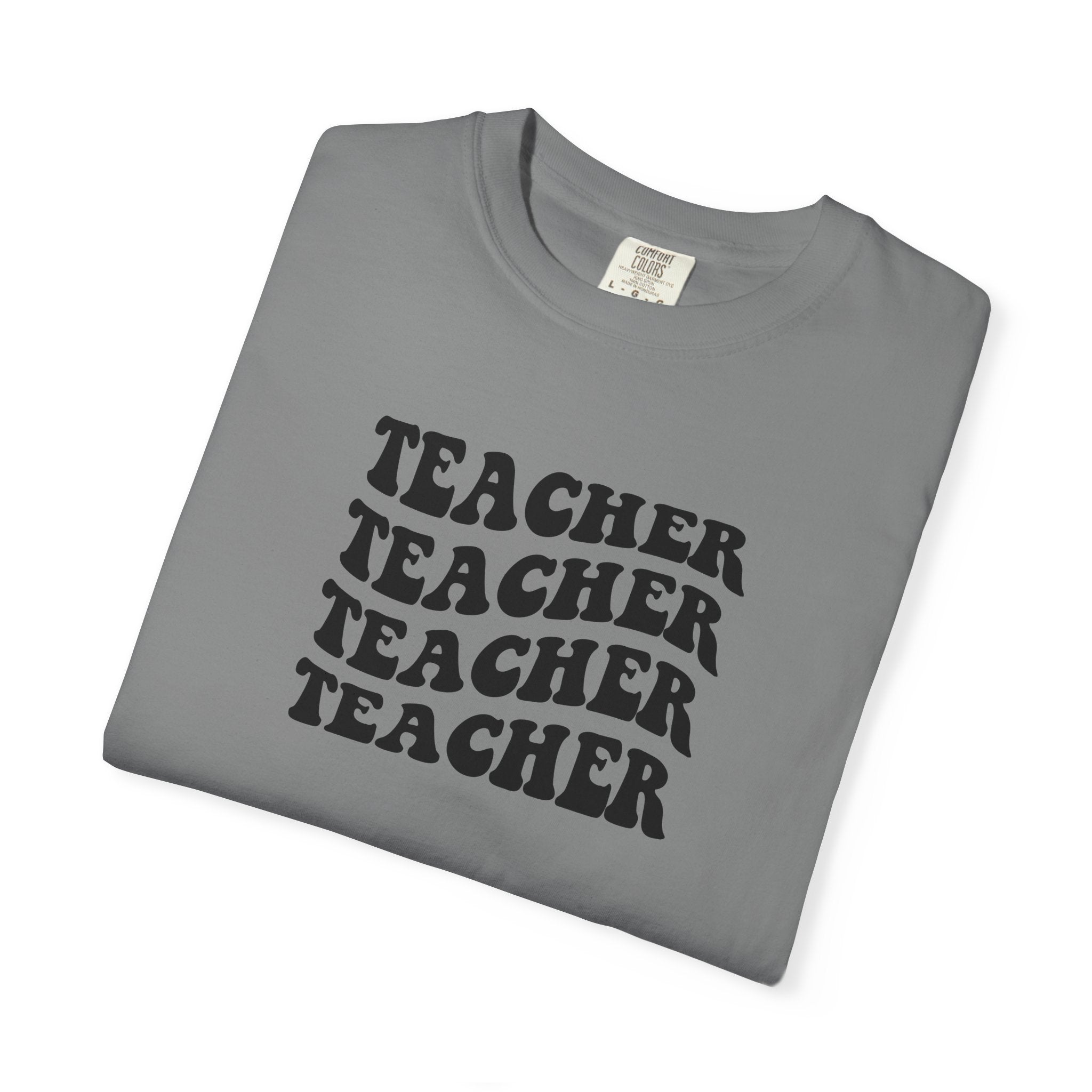 Teacher Repeat Graphic T-Shirt — Retro Stacked "Teacher" Tee