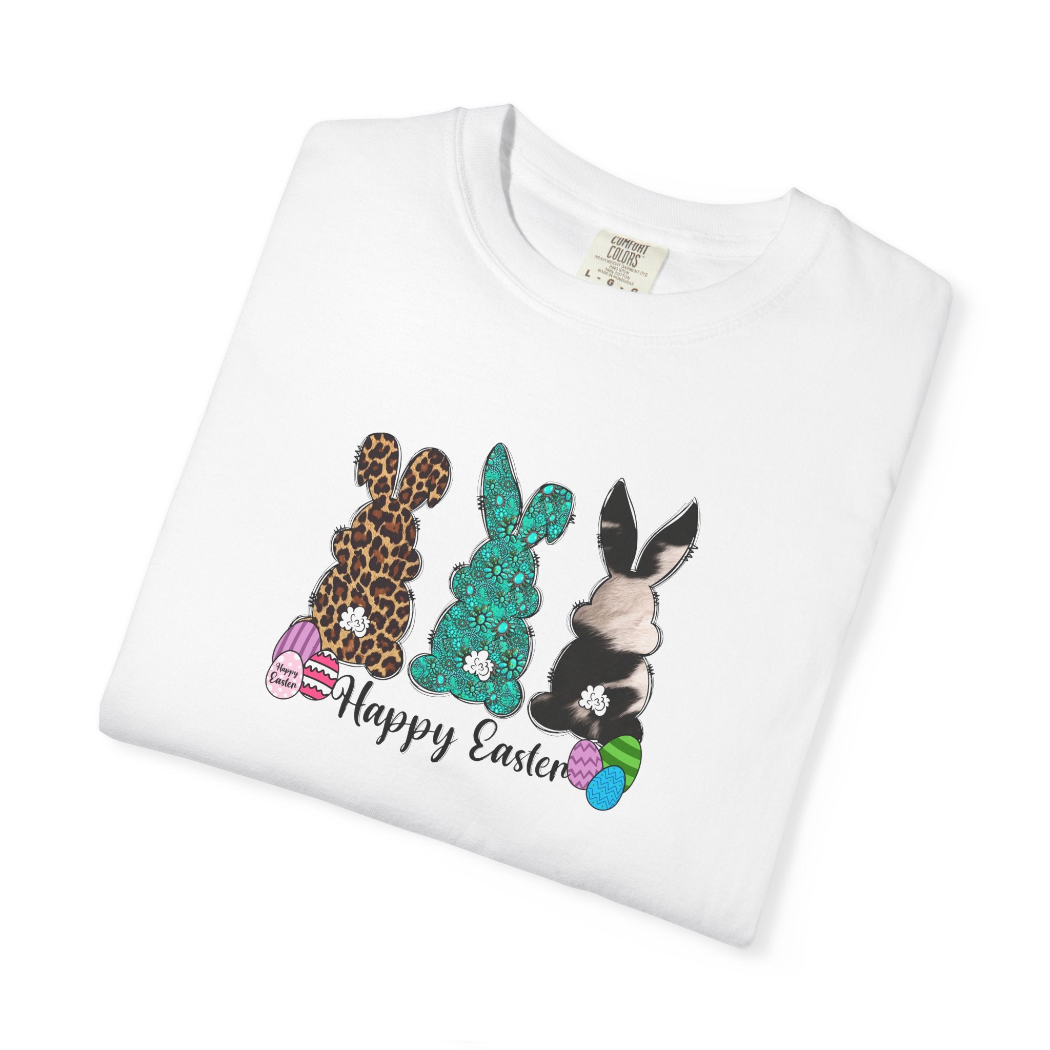 Easter Bunny Trio T-Shirt — "Happy Easter" Pastel Eggs Graphic