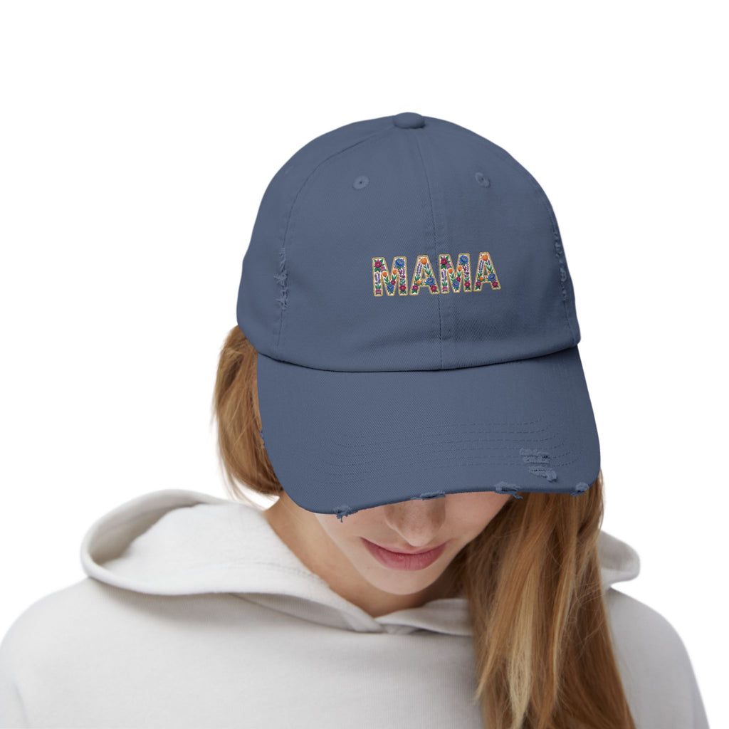 MAMA Distressed Baseball Cap — Floral Patch Mom Hat