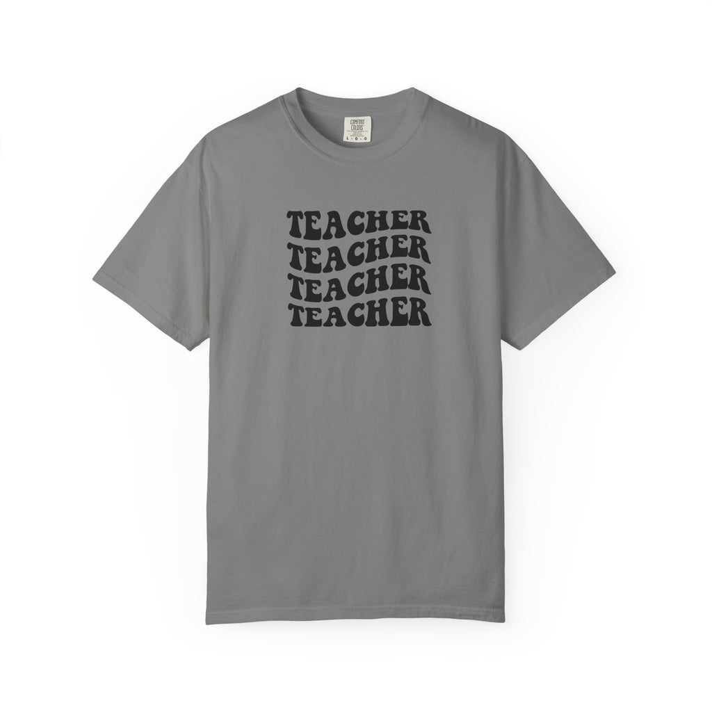 Teacher Repeat Graphic T-Shirt — Retro Stacked "Teacher" Tee