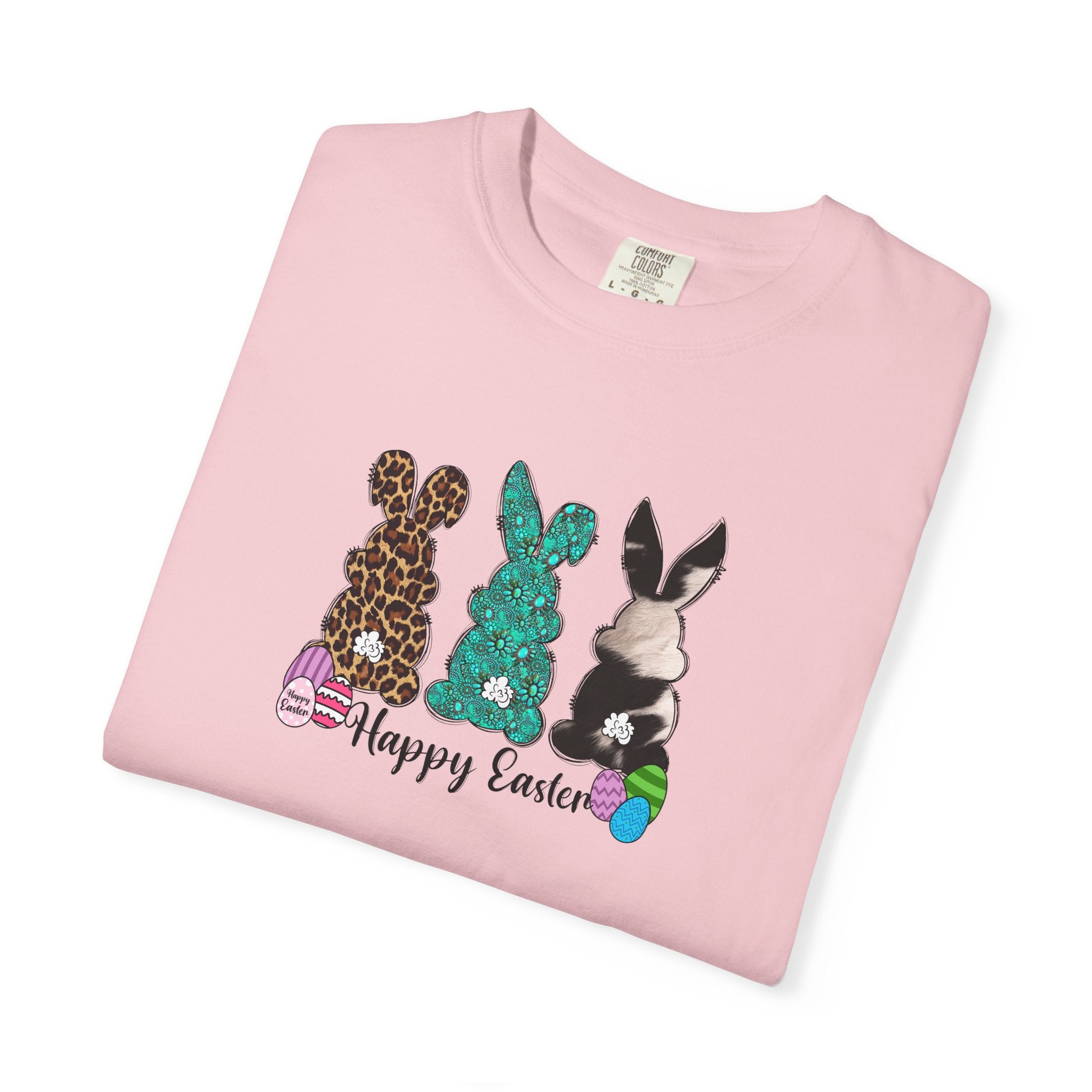 Easter Bunny Trio T-Shirt — "Happy Easter" Pastel Eggs Graphic