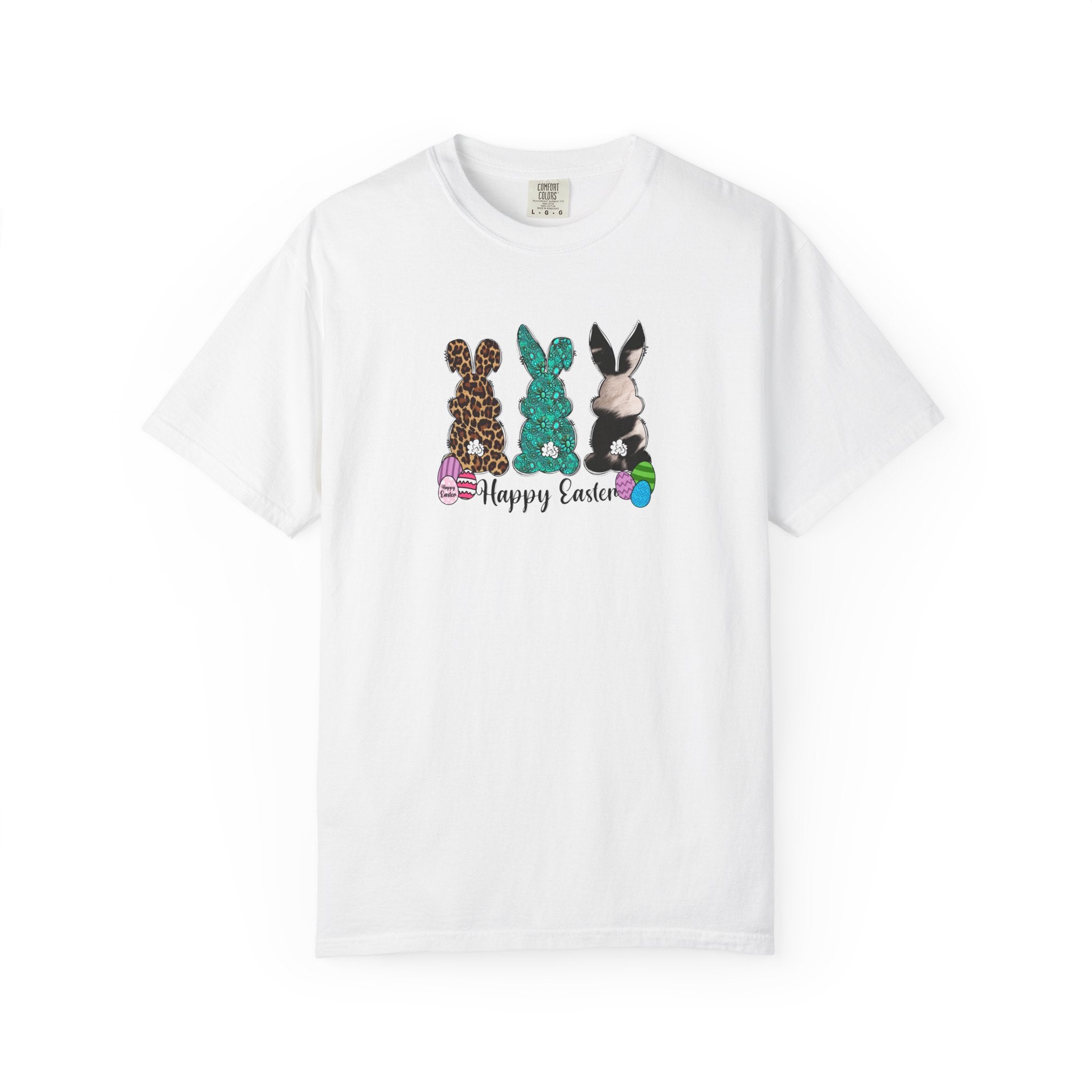 Easter Bunny Trio T-Shirt — "Happy Easter" Pastel Eggs Graphic