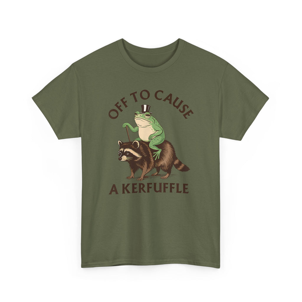 Off to Cause a Kerfuffle T-Shirt — Funny Frog Riding Raccoon Graphic Tee