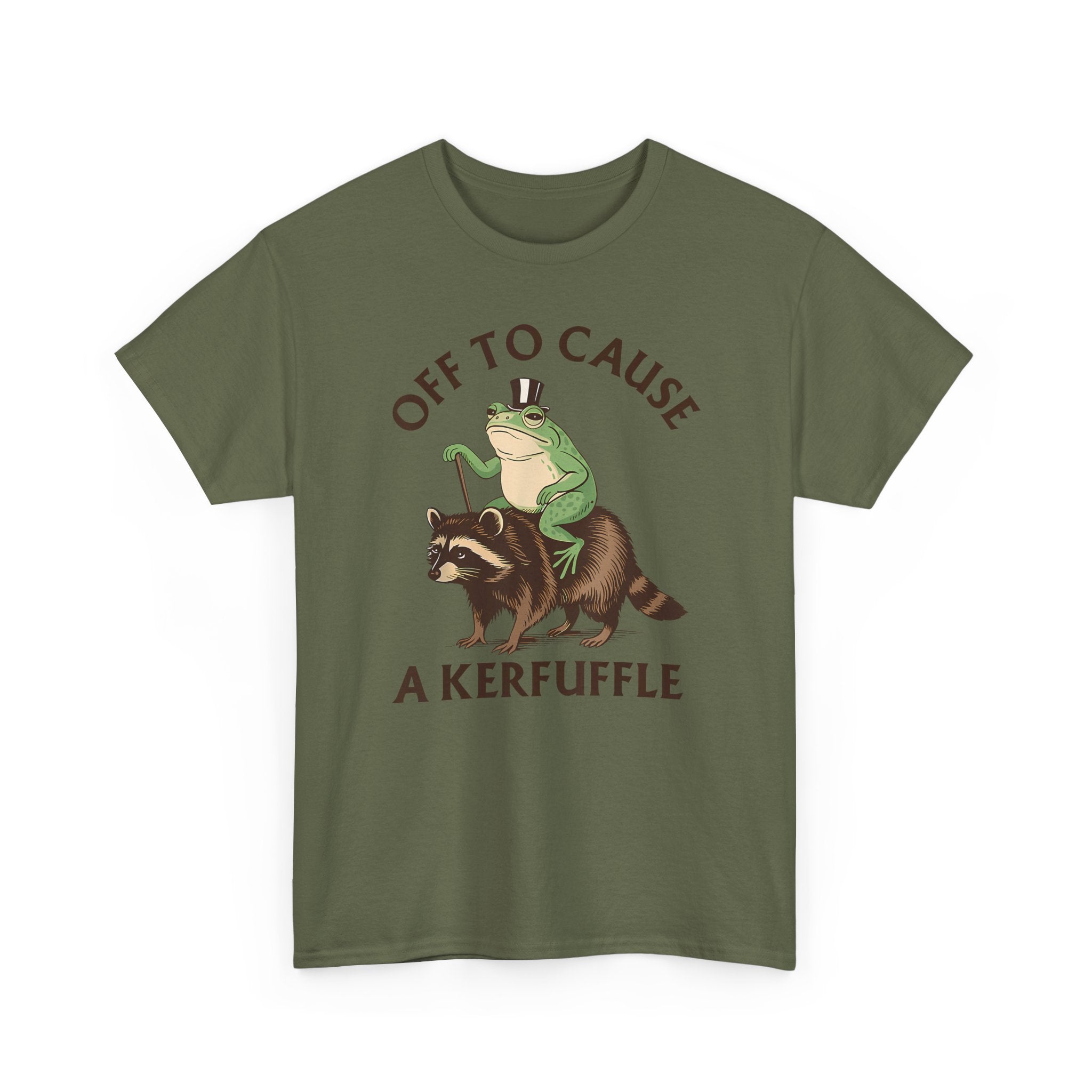 Off to Cause a Kerfuffle T-Shirt — Funny Frog Riding Raccoon Graphic Tee