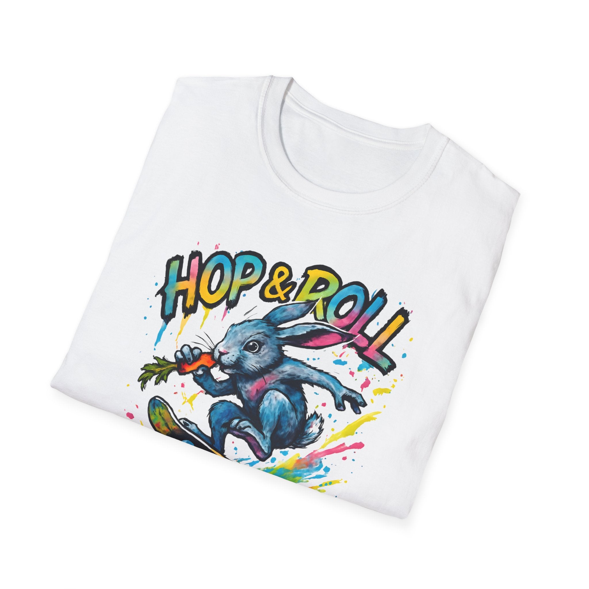 Hop & Roll Skateboard Bunny T-Shirt — Skateboarder Easter Graphic Tee