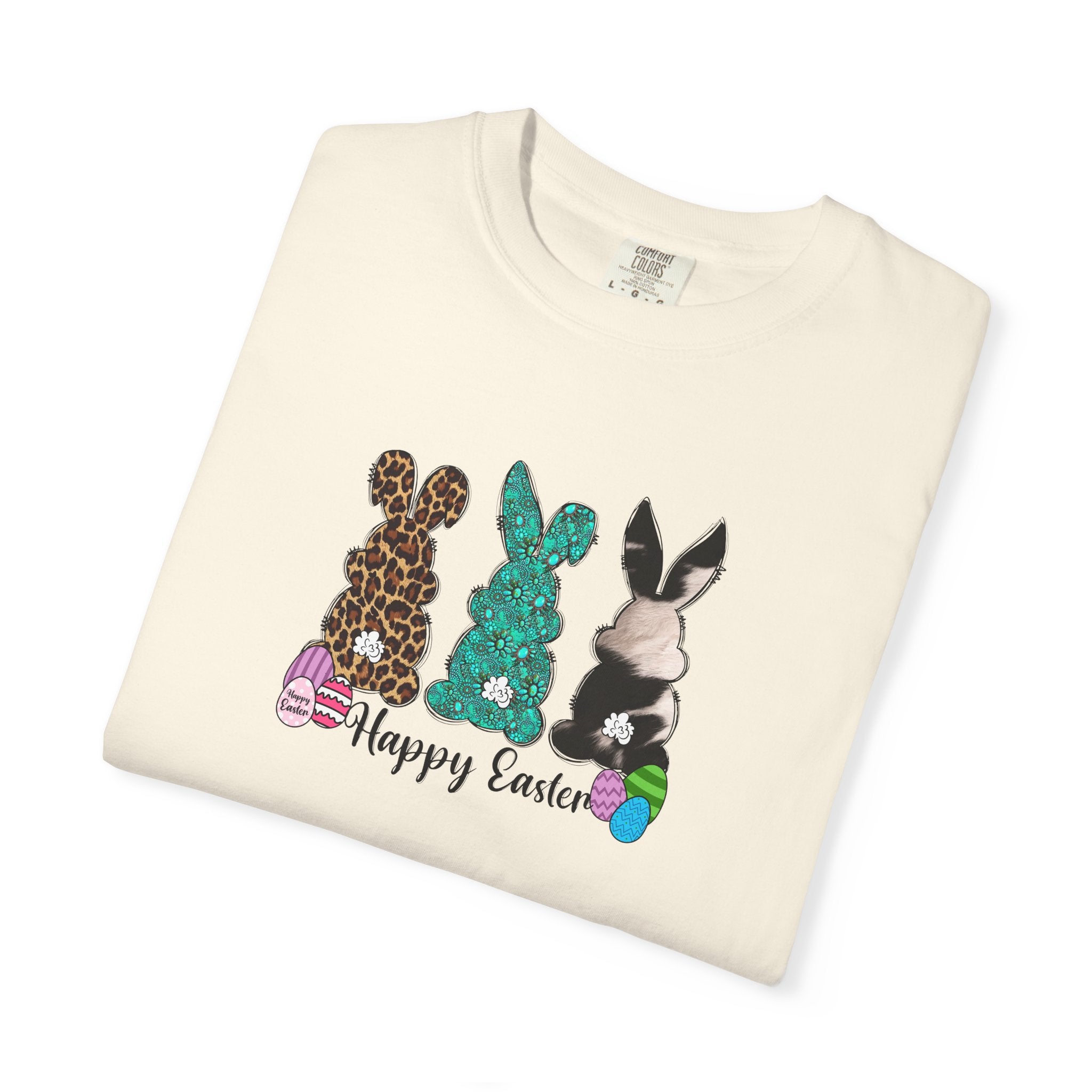 Easter Bunny Trio T-Shirt — "Happy Easter" Pastel Eggs Graphic