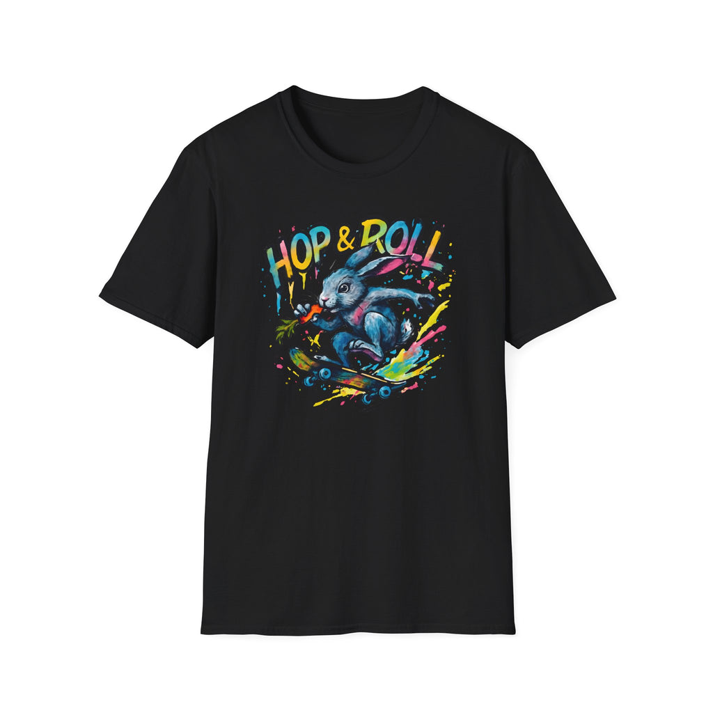 Hop & Roll Skateboard Bunny T-Shirt — Skateboarder Easter Graphic Tee