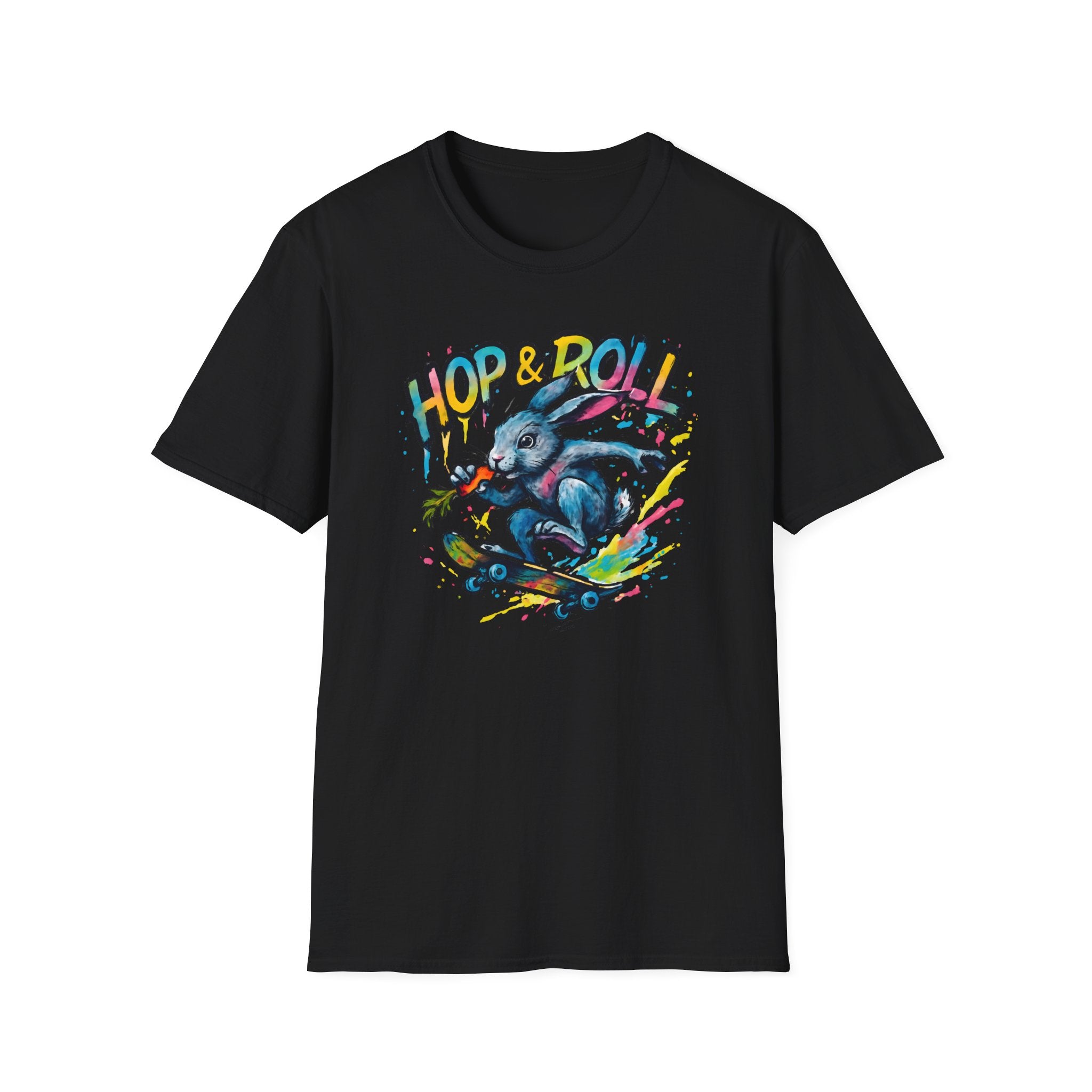 Hop & Roll Skateboard Bunny T-Shirt — Skateboarder Easter Graphic Tee